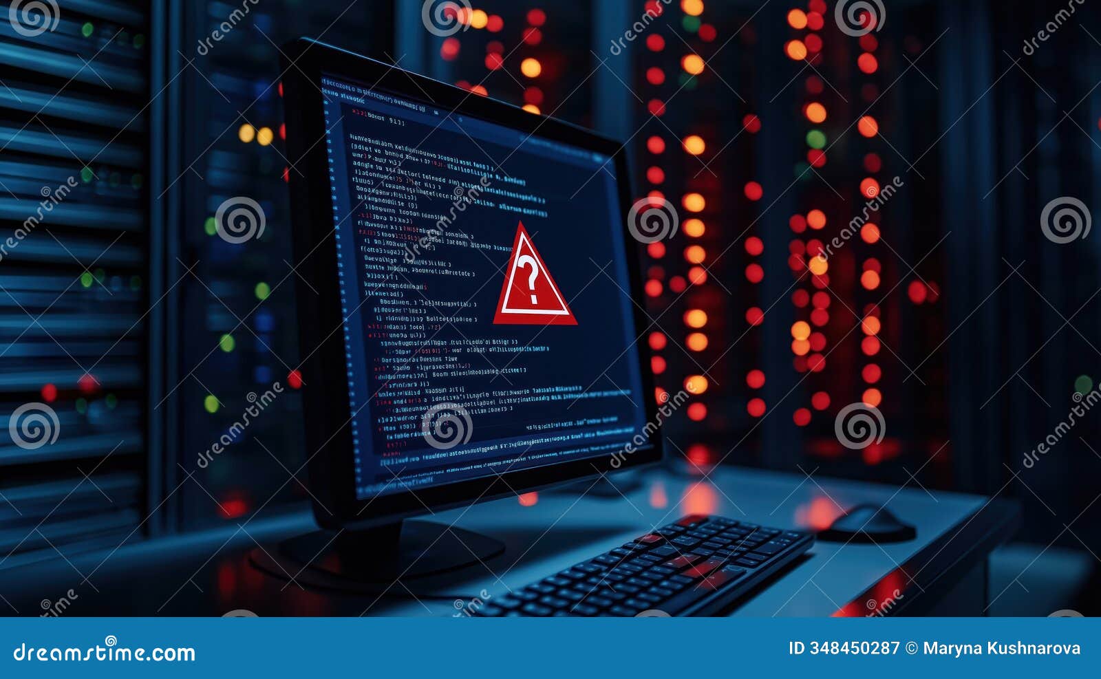 server room tech alert. computer screen shows warning sign. dimly lit server room. digital security alert. cybersecurity threat.