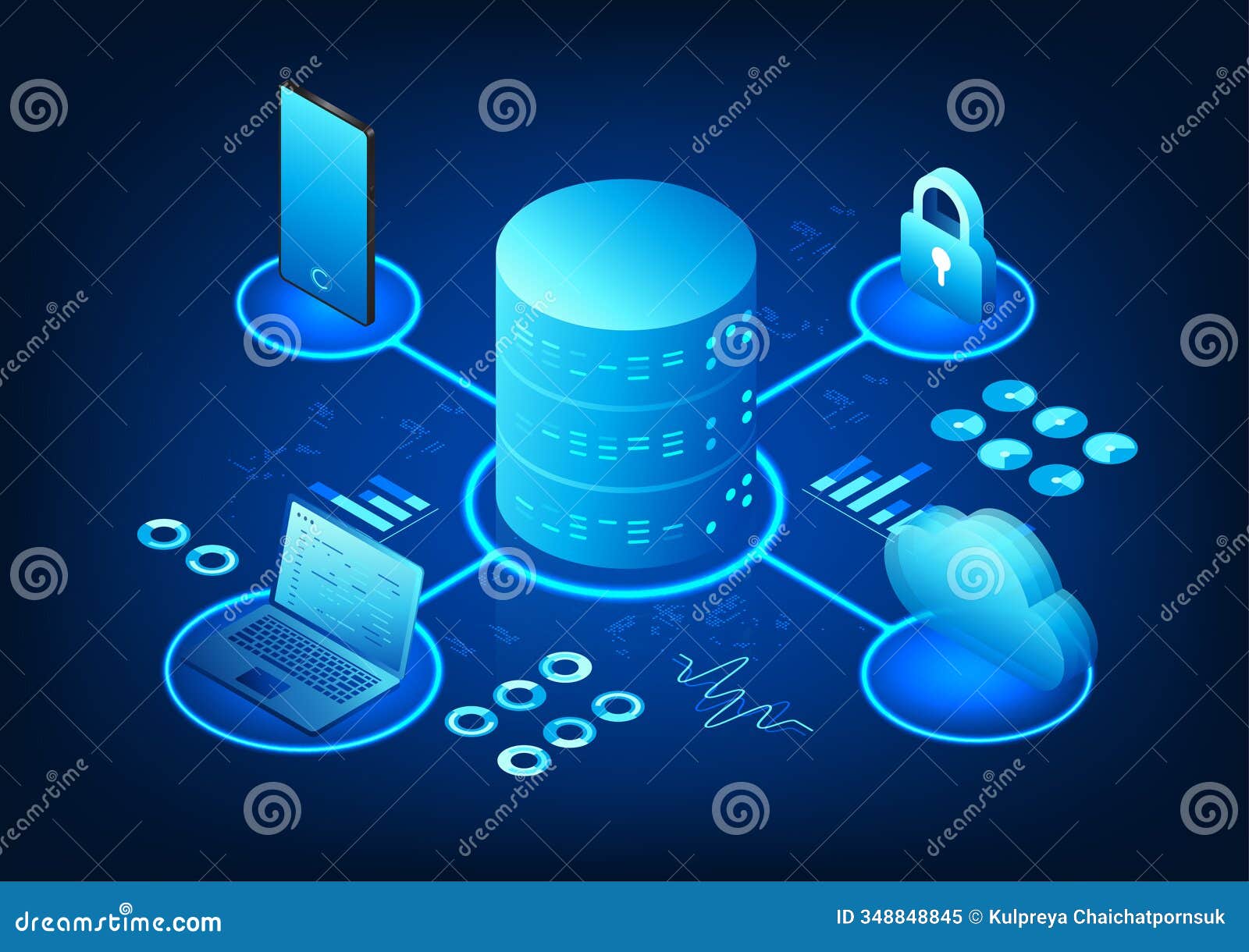 server technology, connected to the cloud, with notebooks and mobile phones, conveys data processing, online storage and iot