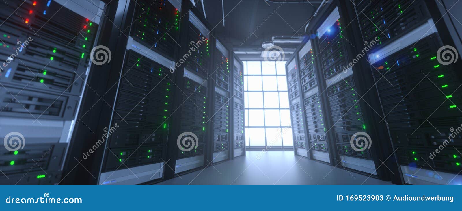 Server Units in Cloud Service Data Center Showing Flickering Light