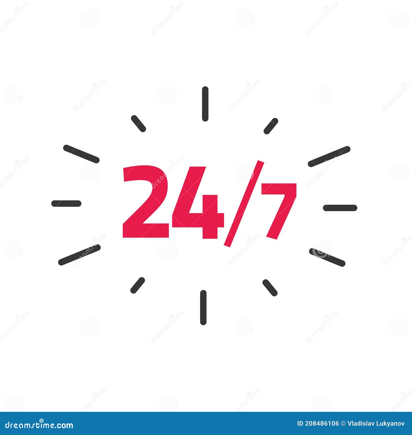 247 Service Label Vector, 24 Hours by 7 Days a Week Open Working Time