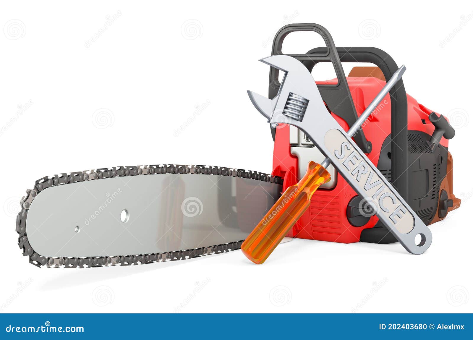 Service and Repair of Chainsaw, 3D Rendering Stock Illustration