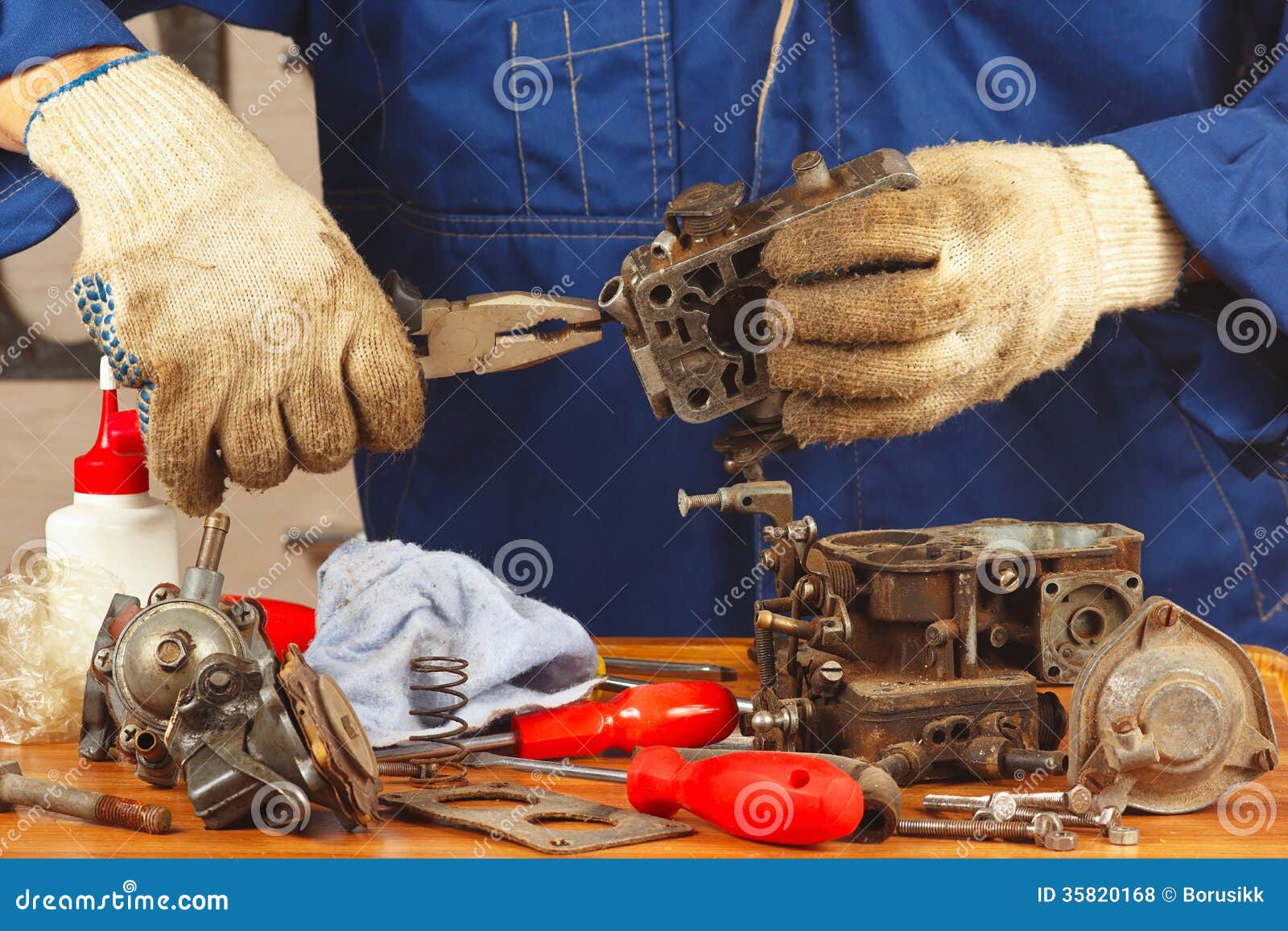 Serviceman Repairing Old Car Engine Carburetor Stock Photo Image of