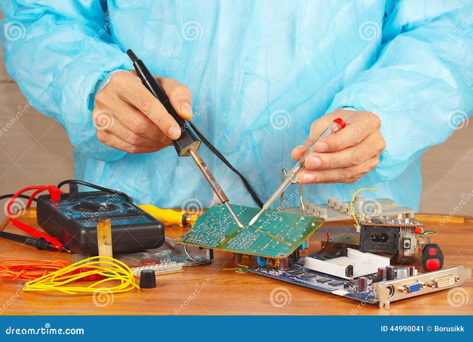 Serviceman Solder Electronic Board of Device in Service Stock Image Image of