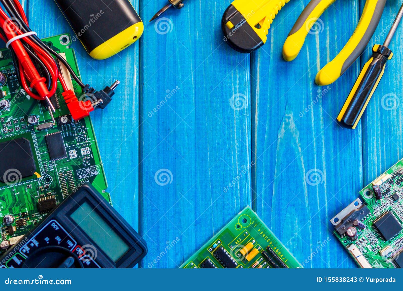 Services for the Production of Electronics and Repair on a Wooden Blue  Background Stock Image - Image of instrument, engineer: 155838243