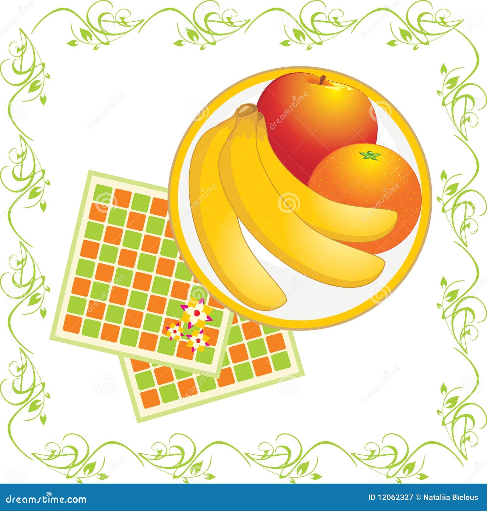 Serviettes and dish with fruits. Vector illustration