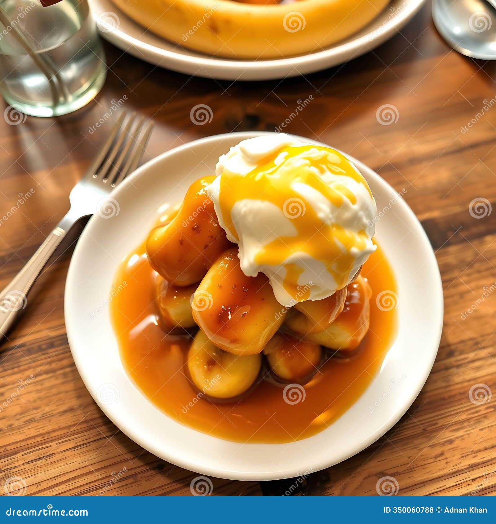 a serving of banana foster with caramelized bananas and vanilla ice cream