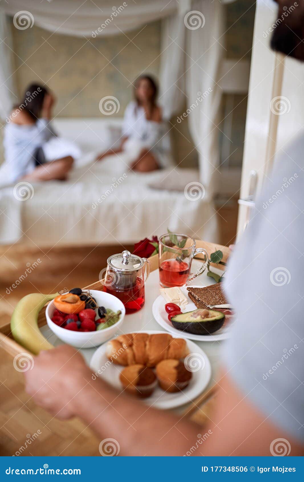 Serving breakfast in bed stock photo. Image of morning - 177348506