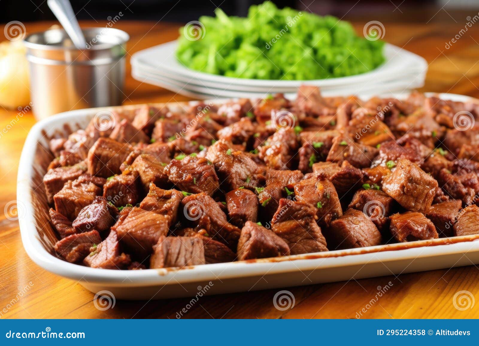 A Serving Platter Filled with Garlic Bbq Steak Tips Stock Photo Image