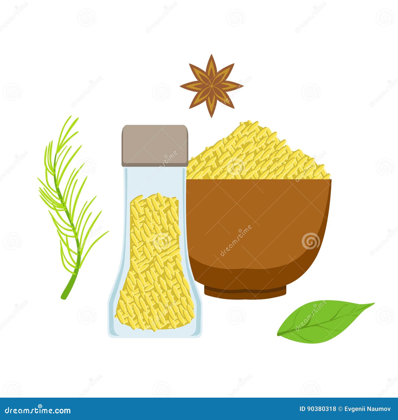 Sesame Seeds in a Wooden Bowl and Glass Jar, Herbs and Spices Selection.  Colorful Cartoon Illustration Stock Vector - Illustration of grain, eating:  90380318