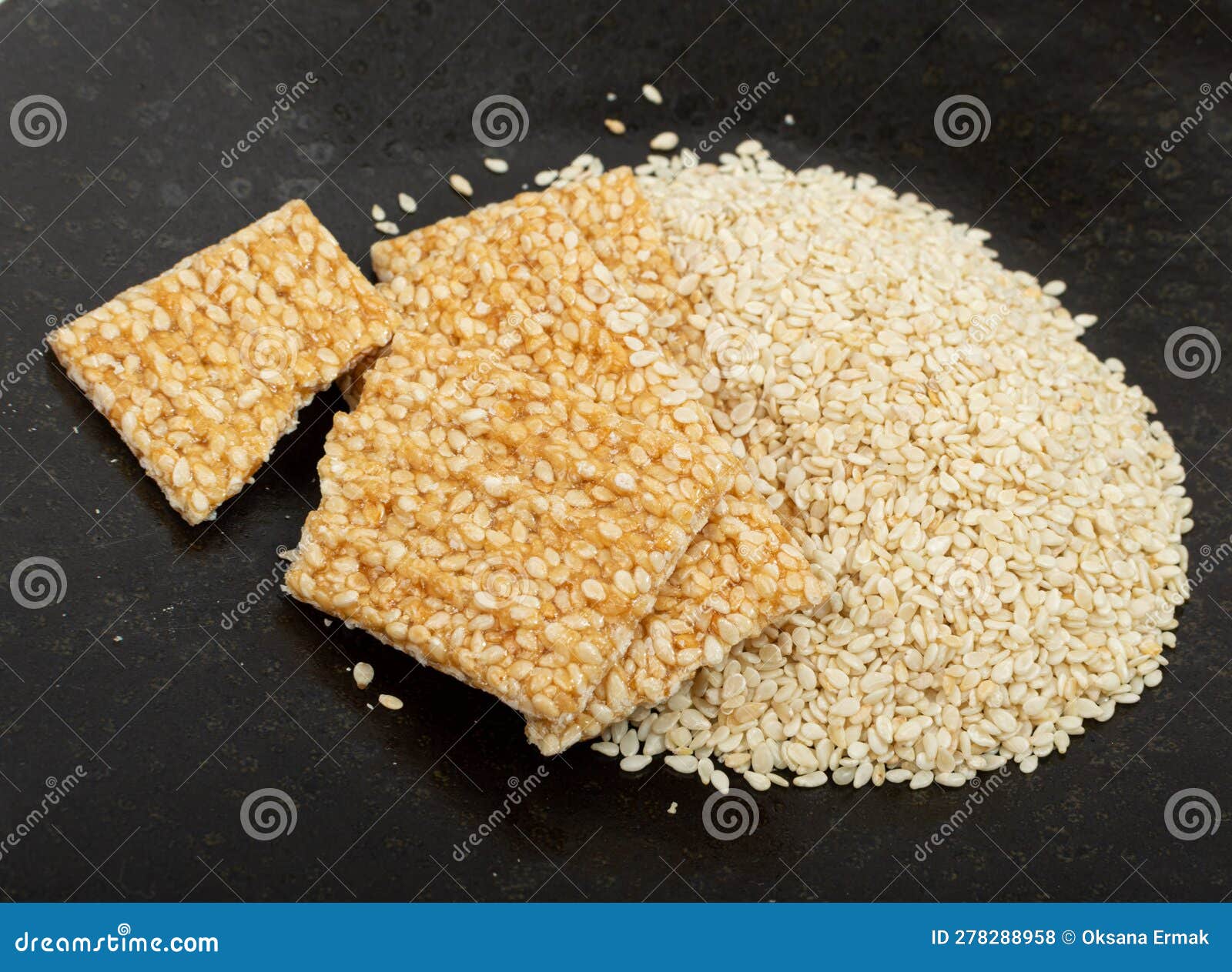 Sesame Snack, Honey Seed Cracker, Sesame Candy Bar on Black Background