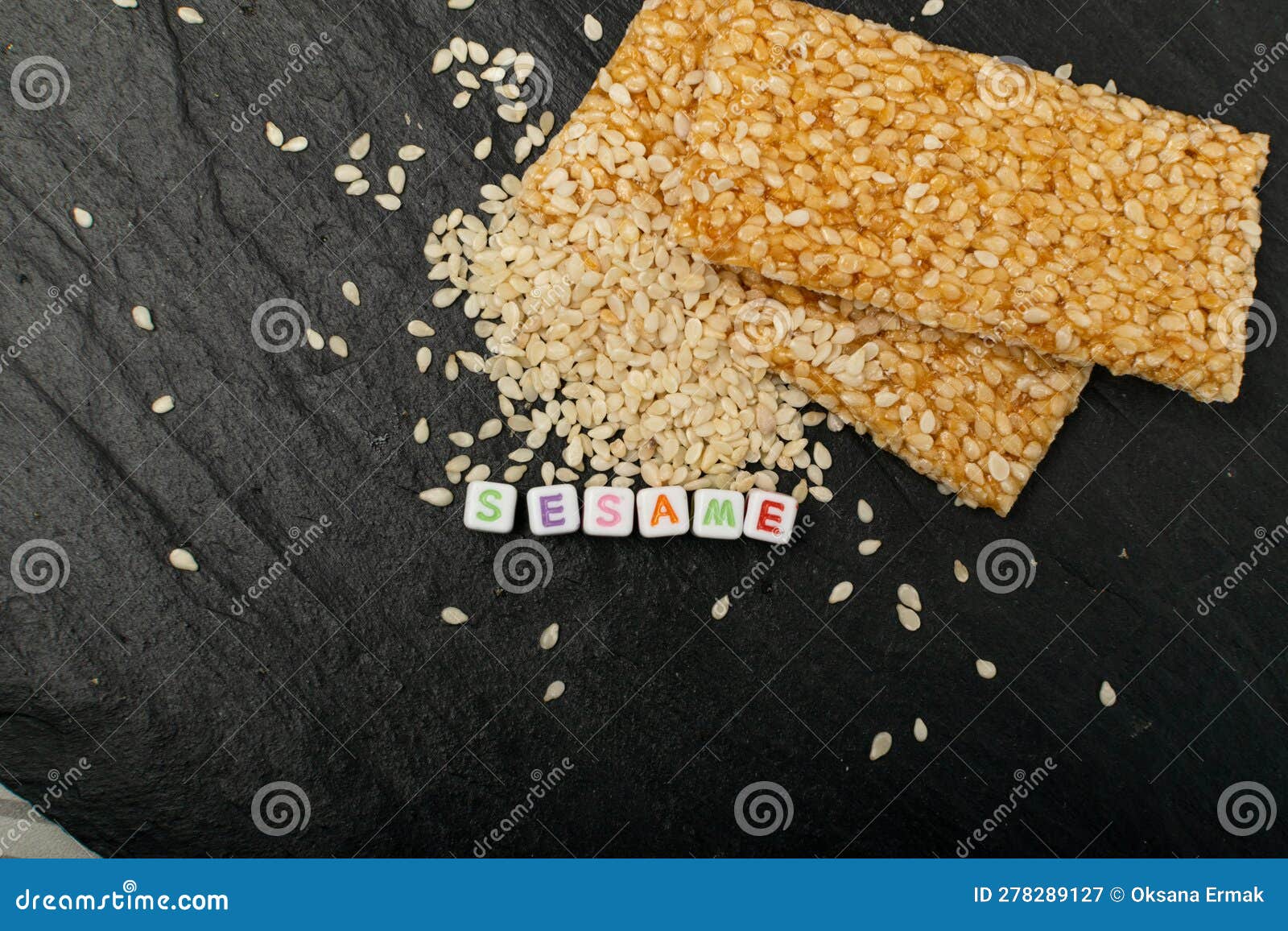 Sesame Snack, Honey Seed Cracker, Sesame Candy Bar on Black Background