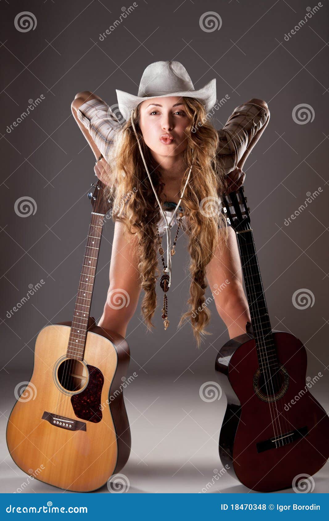 Sesy Cowgirl In Cowboy Hat With Acoustic Guitar Stock ...