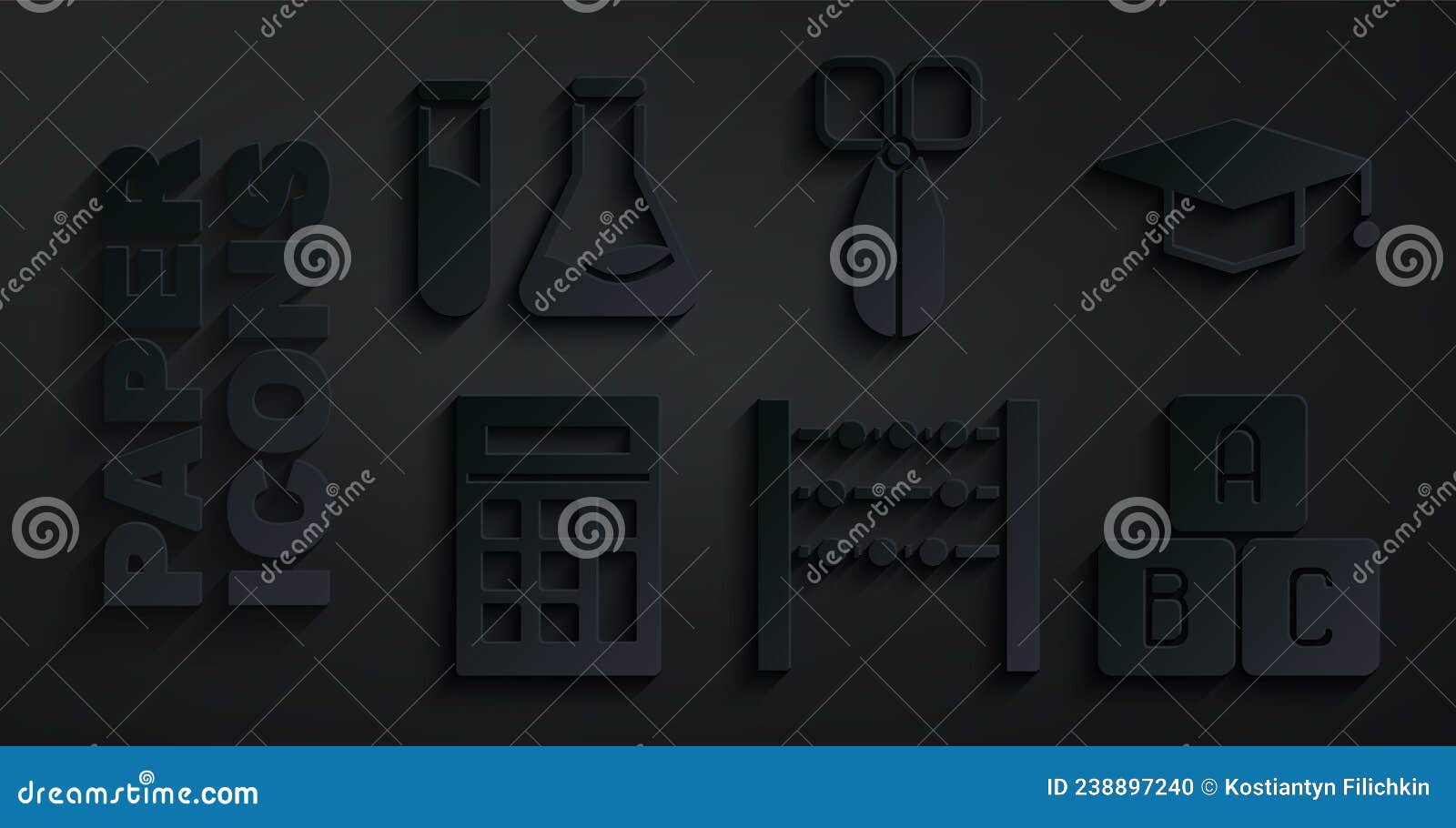 Set Abacus, Graduation Cap, Calculator, ABC Blocks, Scissors and Test