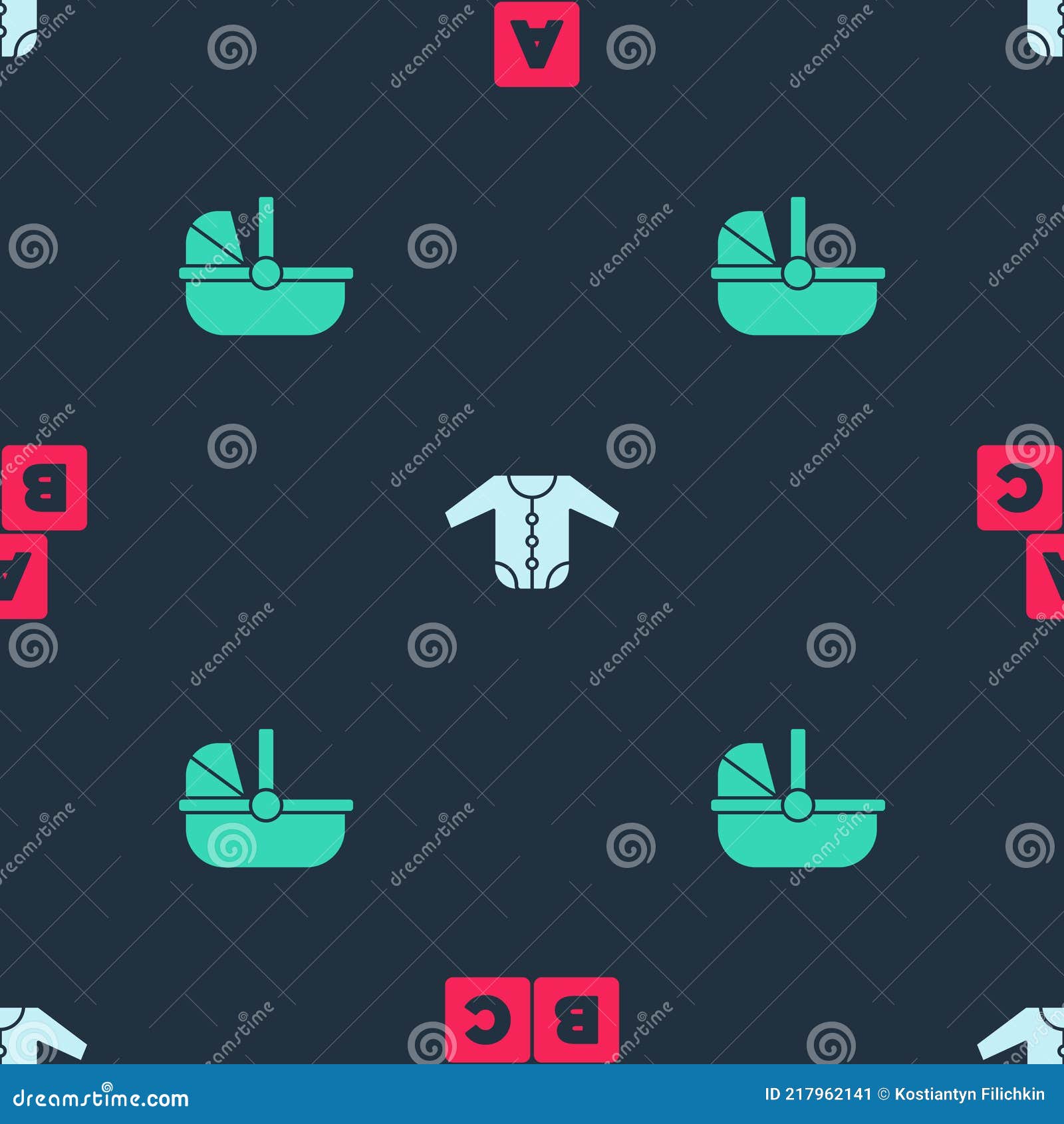 Set ABC Blocks, Baby Clothes and Stroller on Seamless Pattern. Vector