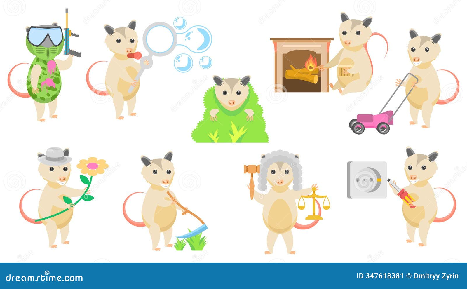 set abstract collection flat cartoon different animal opossums   s fauna wildlife
