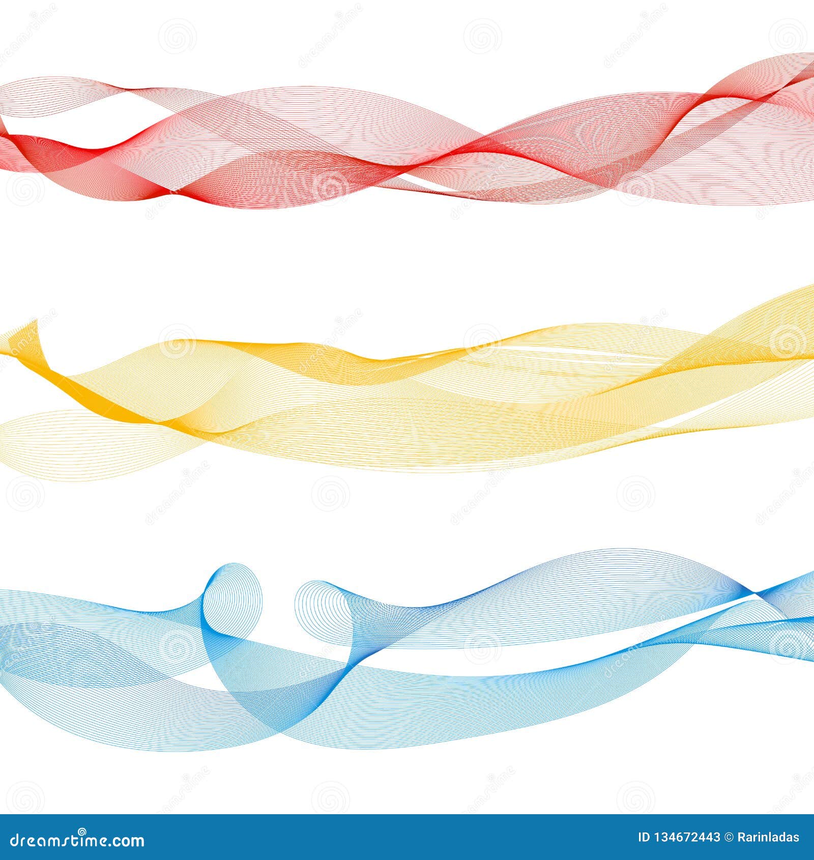 set of abstract colorful smooth wave lines red, yellow, blue on white background