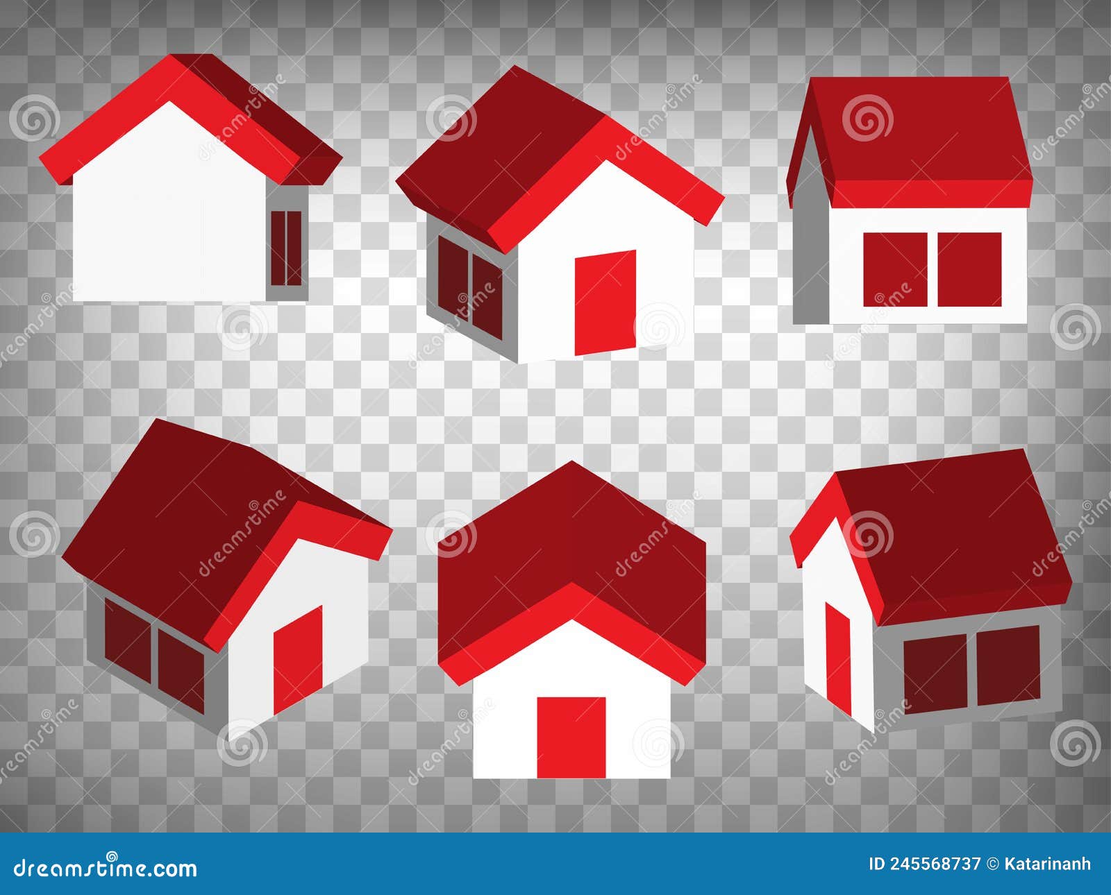 set of abstract 3d  houses icons. 3d house model with red roof and windows. house 3d icon  with different views and an