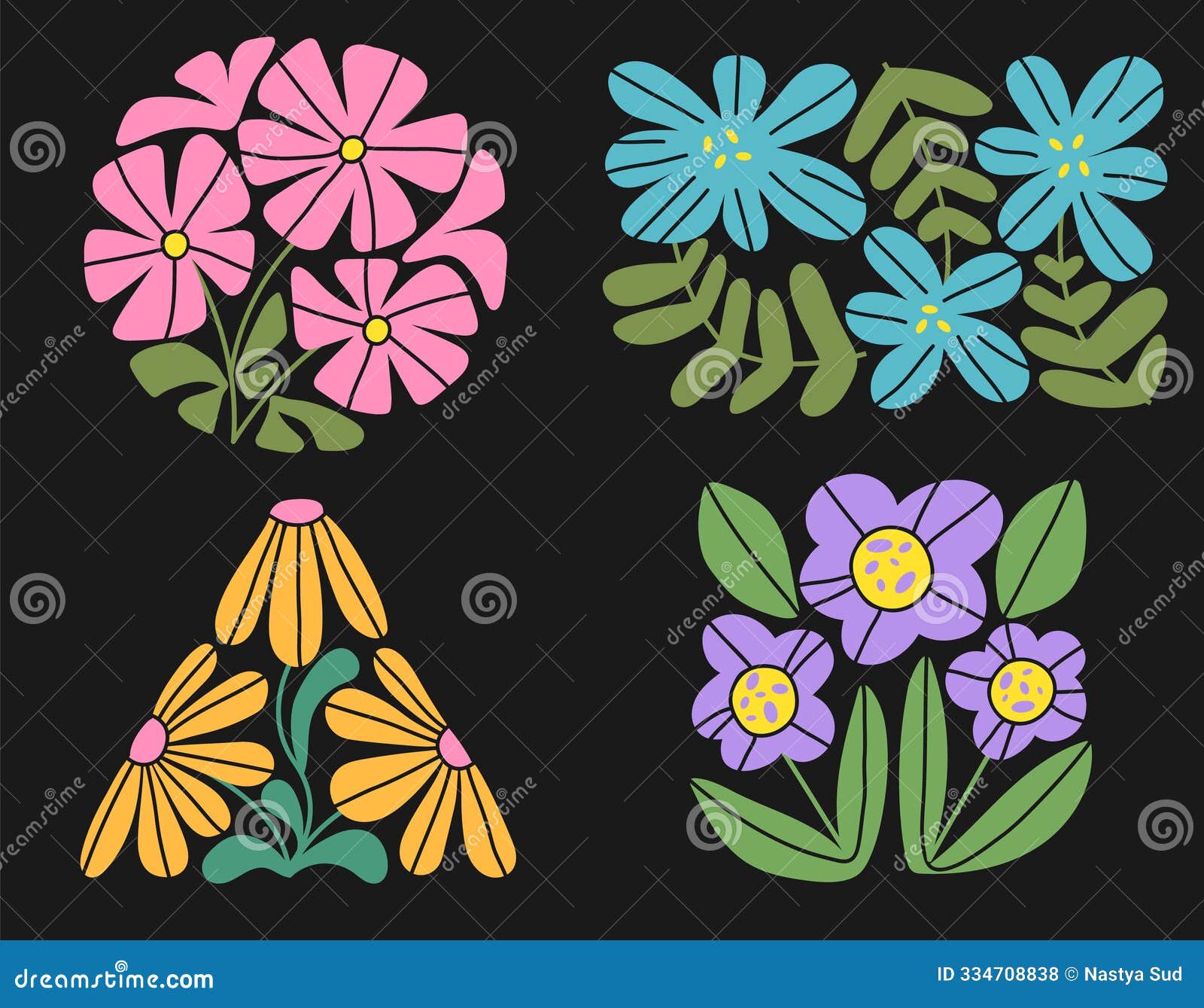 set of abstract floral botanic geometric  in trendy naive retro hippie 60s 70s style. set of wavy flowers