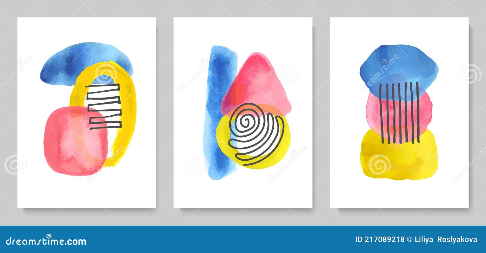 Set of abstract modern creative posters with watercolor shapes and lines. Hand drawn style. Minimalist design for background, wallpaper, wall decor, brochure, print, card. Vector illustration.