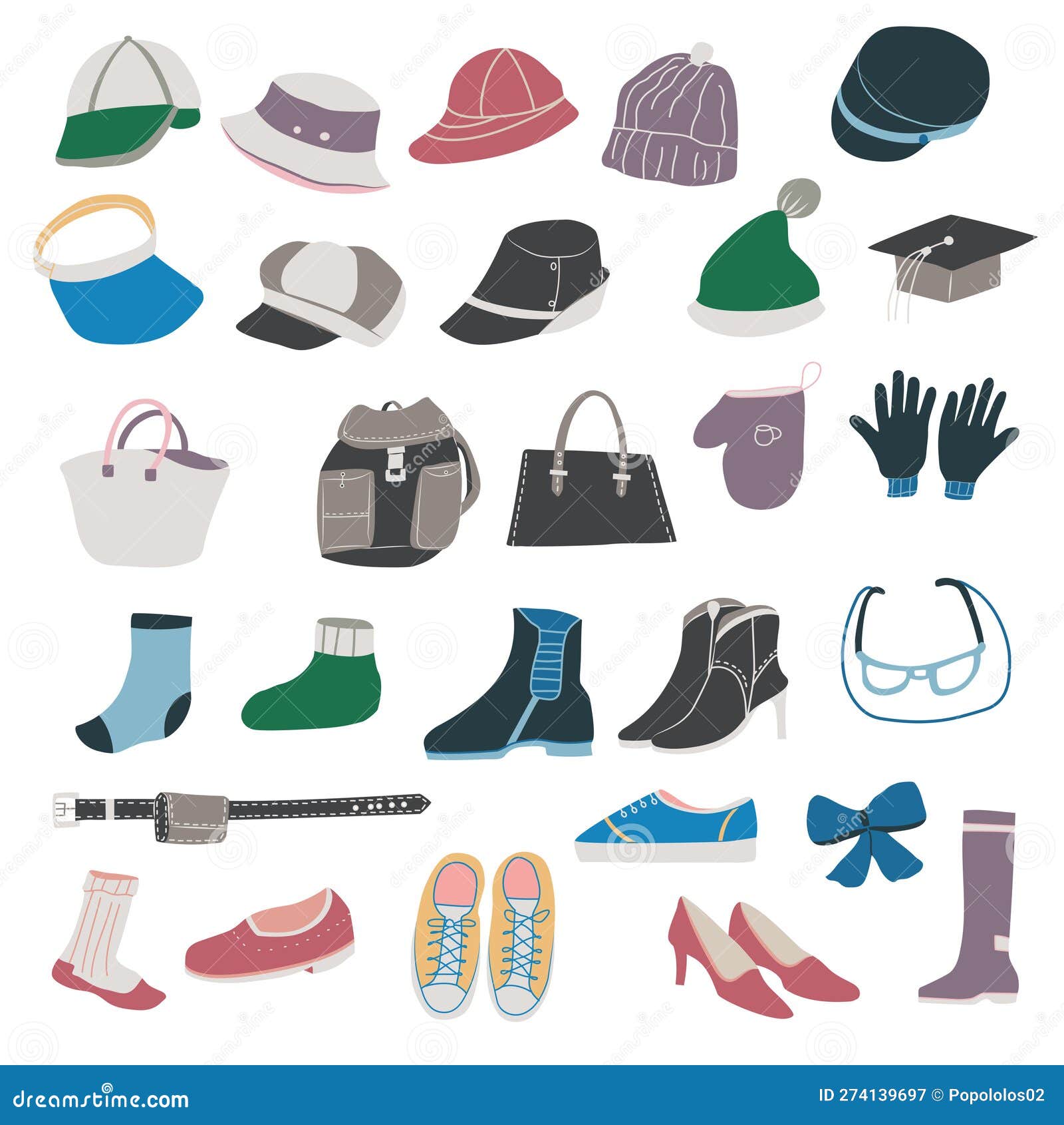 Set of Accessories. Hat, Bag, and Shoes. Stock Vector Illustration of