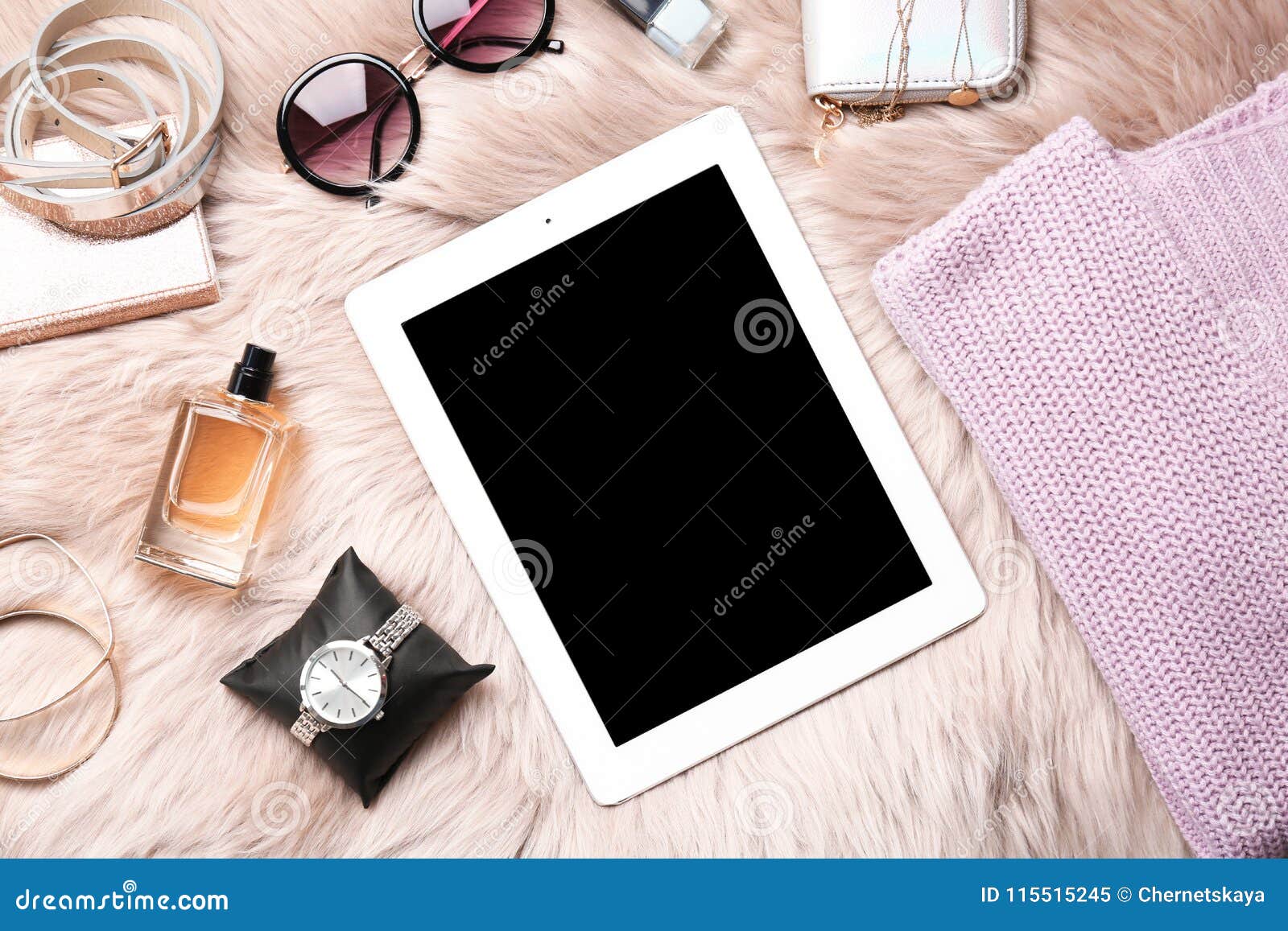 Set of Accessories, Perfume and Tablet Computer , Flat Lay. Beauty ...