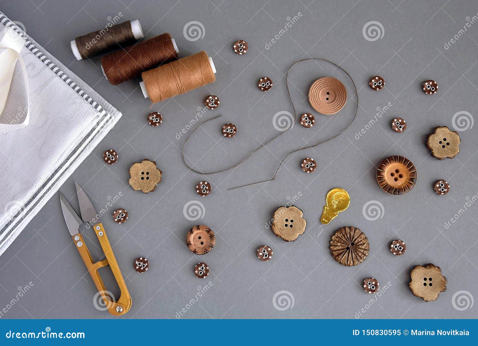 Set of Accessories for Sewing and Needlework Buttons, Scissors, Needle