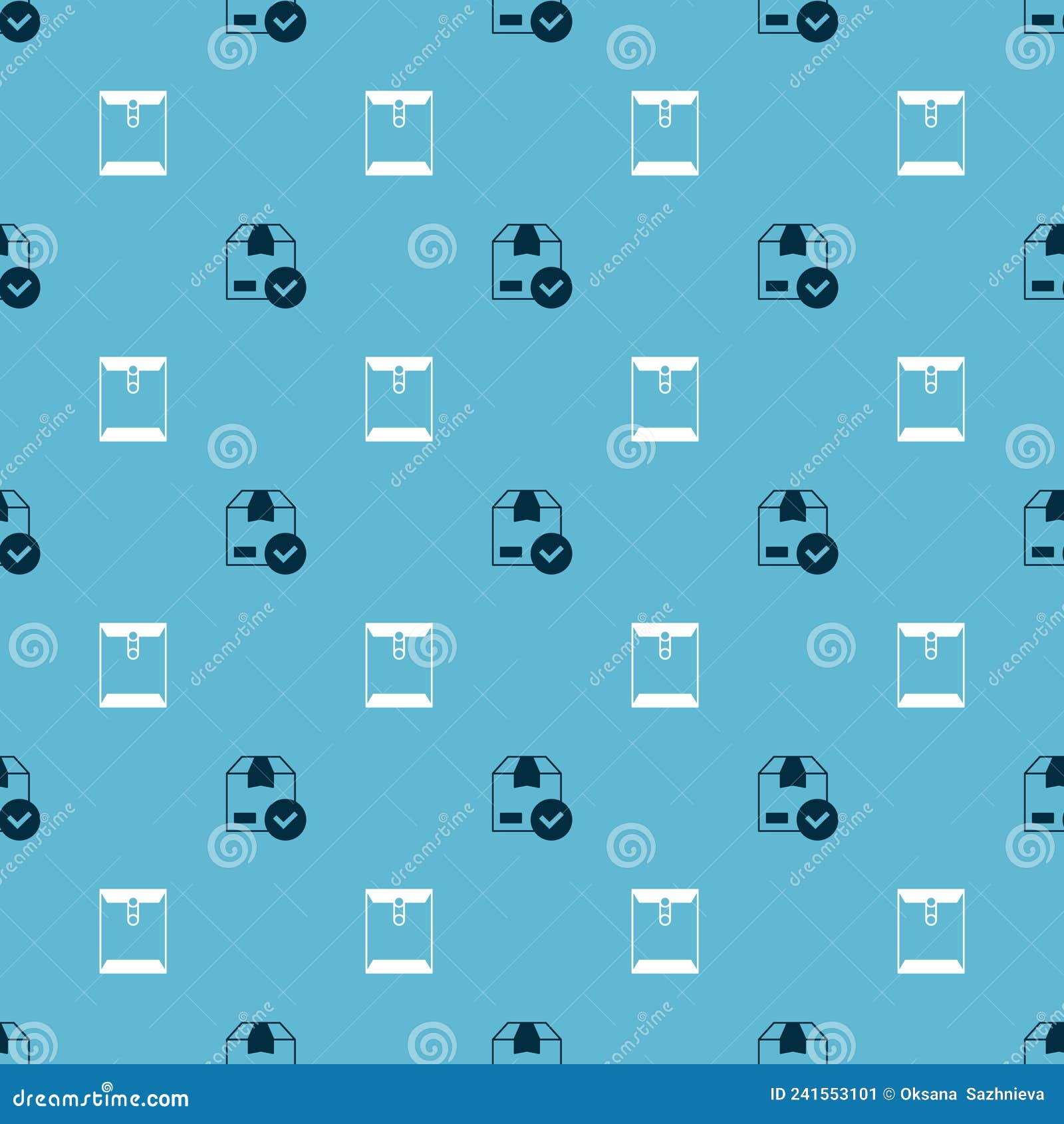 set ackage box with check mark and envelope on seamless pattern. 