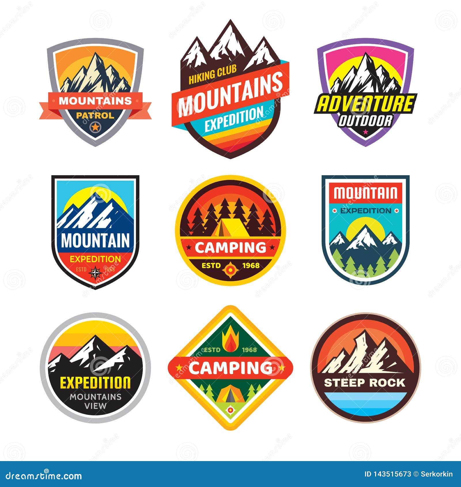 set of adventure outdoor concept badges, summer camping emblem, mountain climbing logo in flat style. extreme exploration sticker