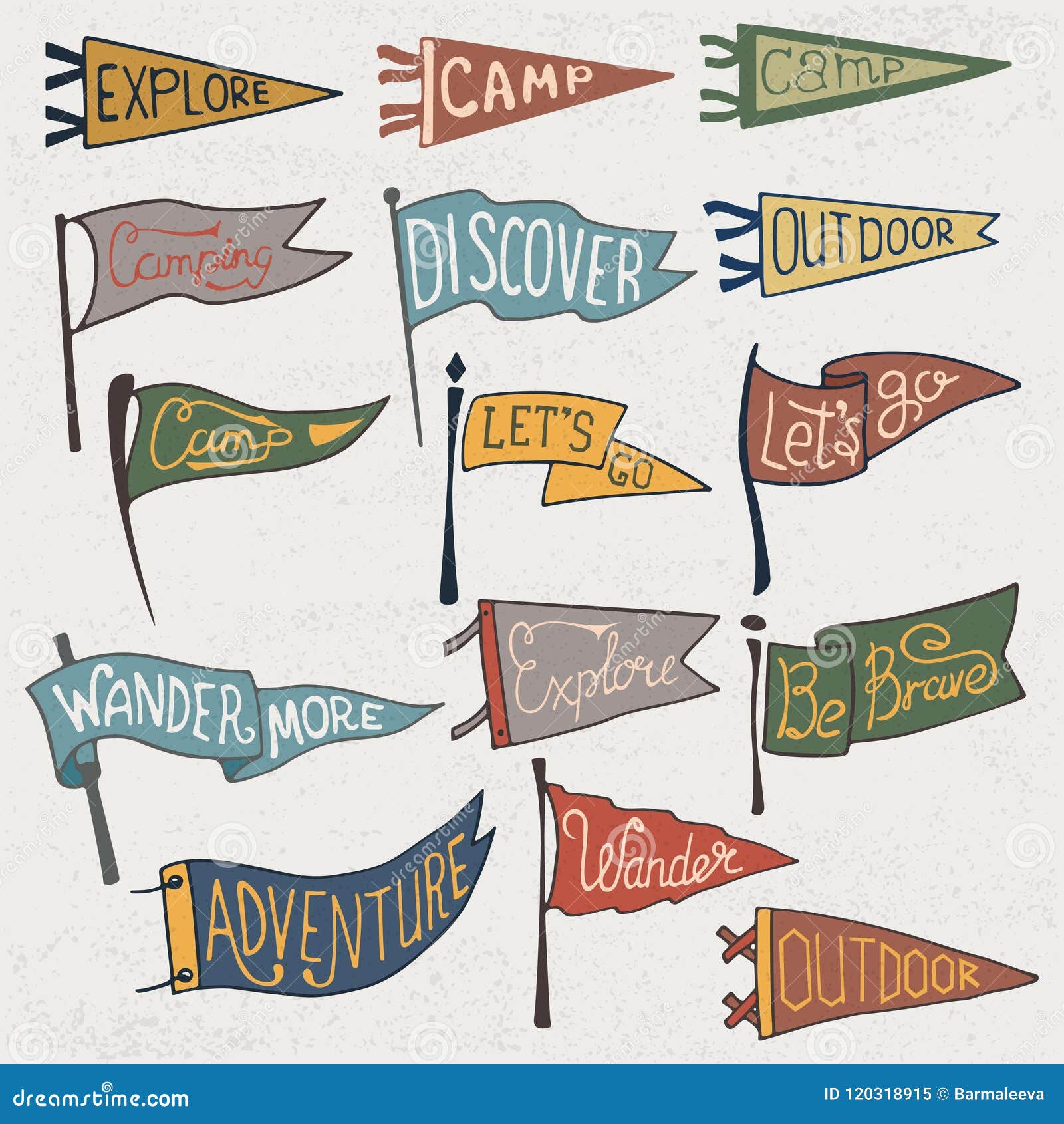 set of adventure, outdoors, camping colorful pennants. retro monochrome labels on textured background. hand drawn