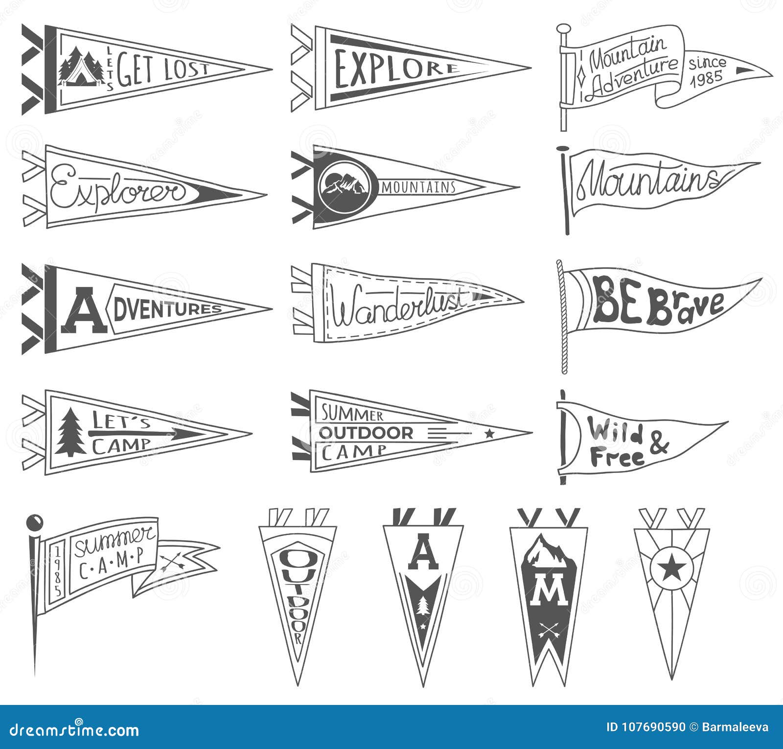 set of adventure, outdoors, camping pennants. retro monochrome labels. hand drawn wanderlust style. pennant travel flags