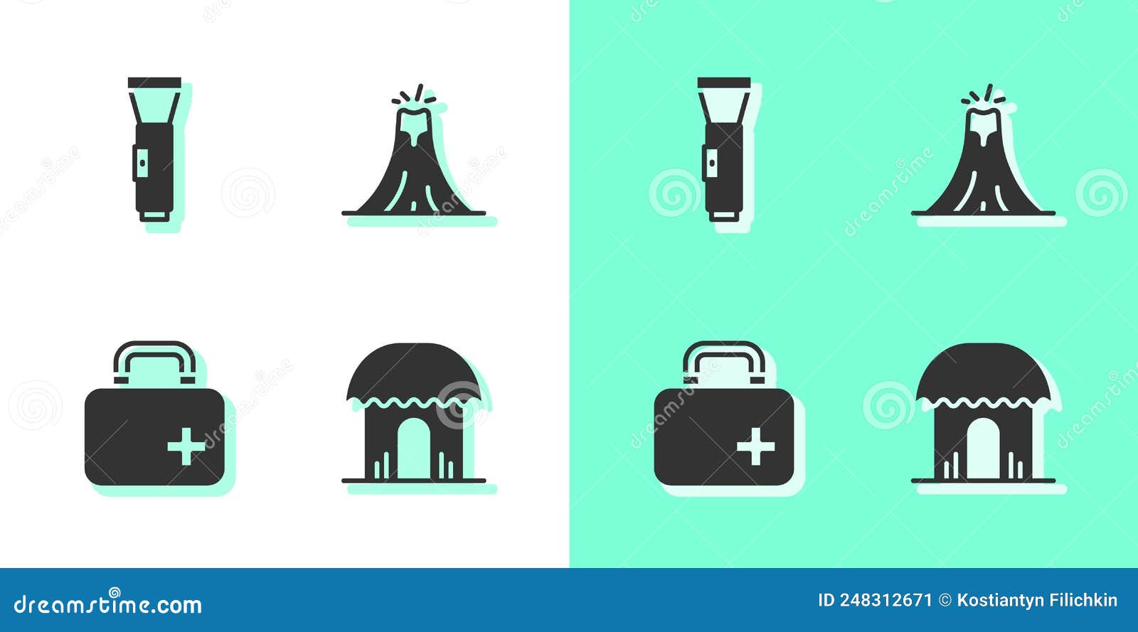 Set African Hut, Flashlight, First Aid Kit and Volcano Eruption Icon