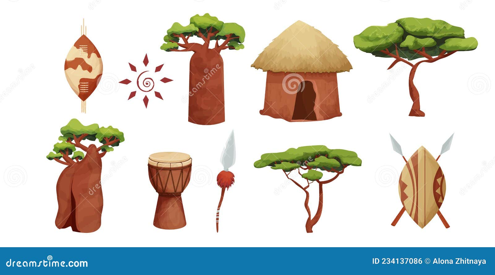 set african hut with straw roof, baobab shield with spear in cartoon style  on white background. safari tribal