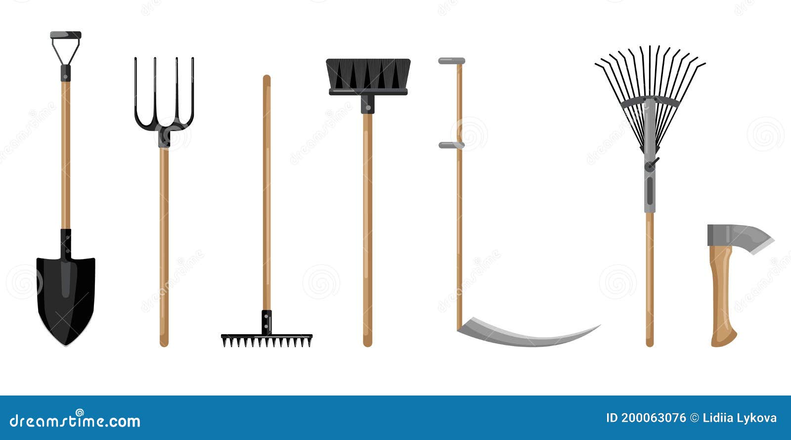 Set Agricultural on White Backdrop. Shovel, Pitchfork, Broom, Axe ...