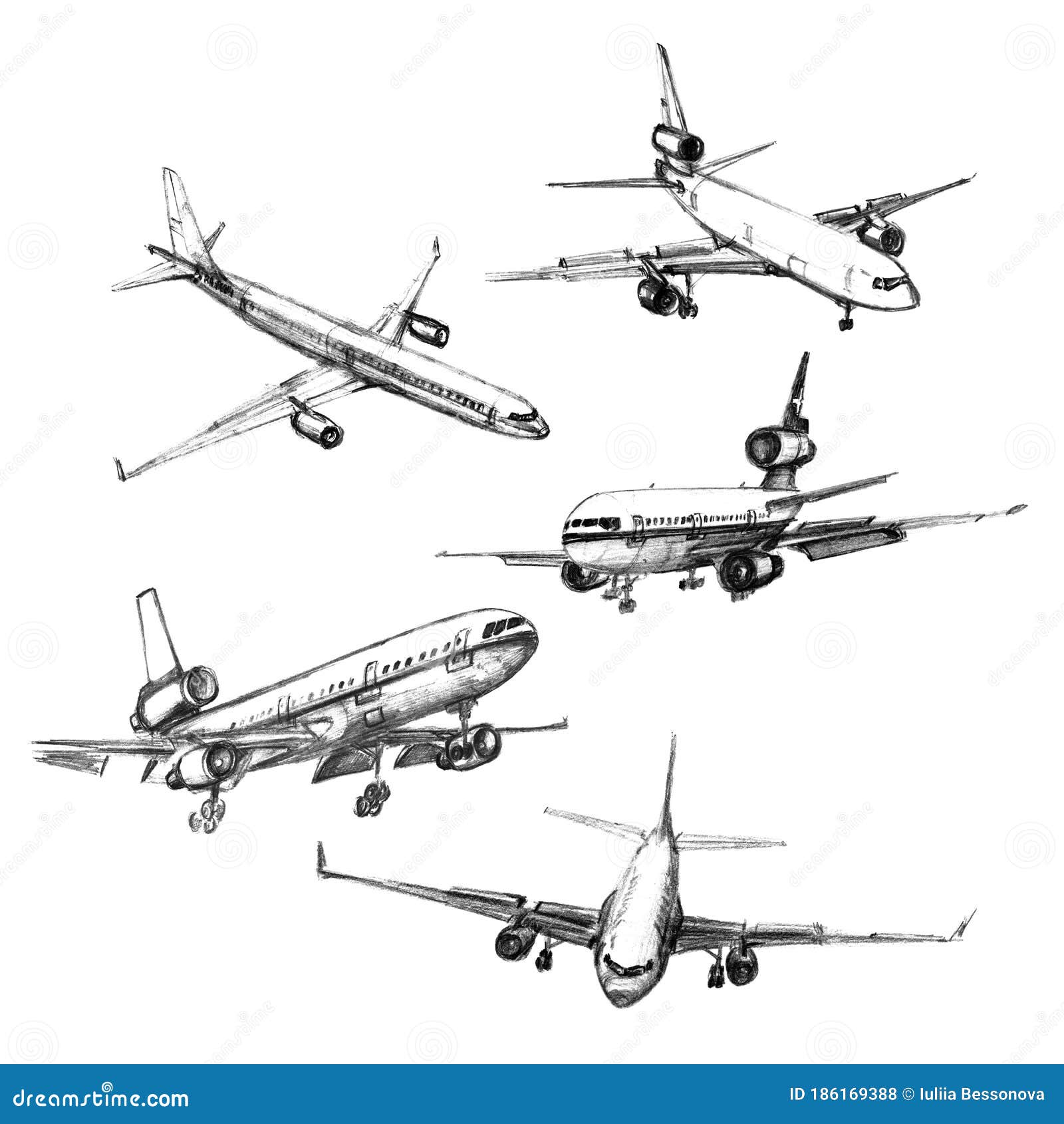 Set of Airplanes on a White Background. Hand Drawn Pencil Illustrations ...