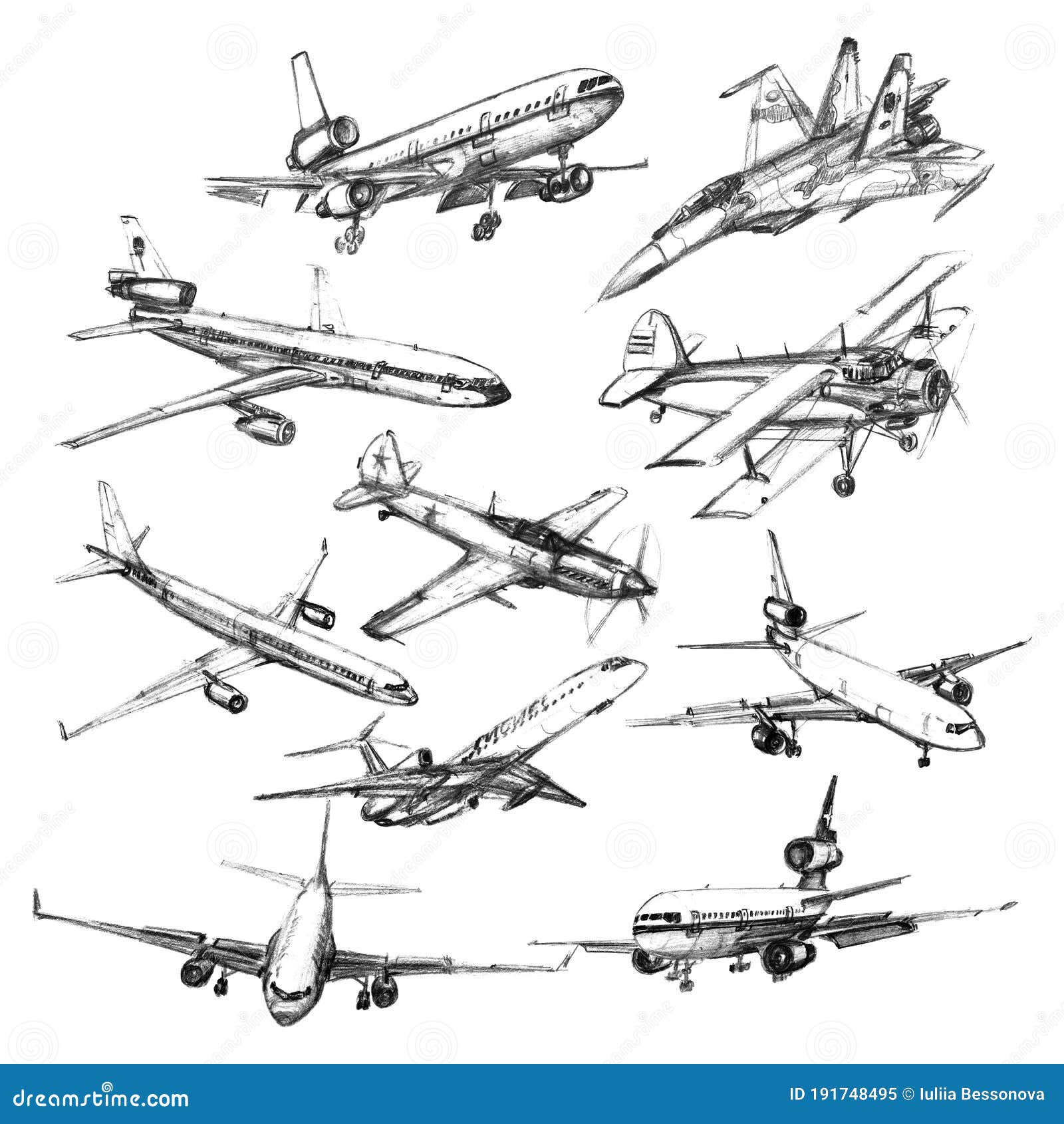 Set of Airplanes on a White Background. Hand Drawn Pencil Illustrations ...