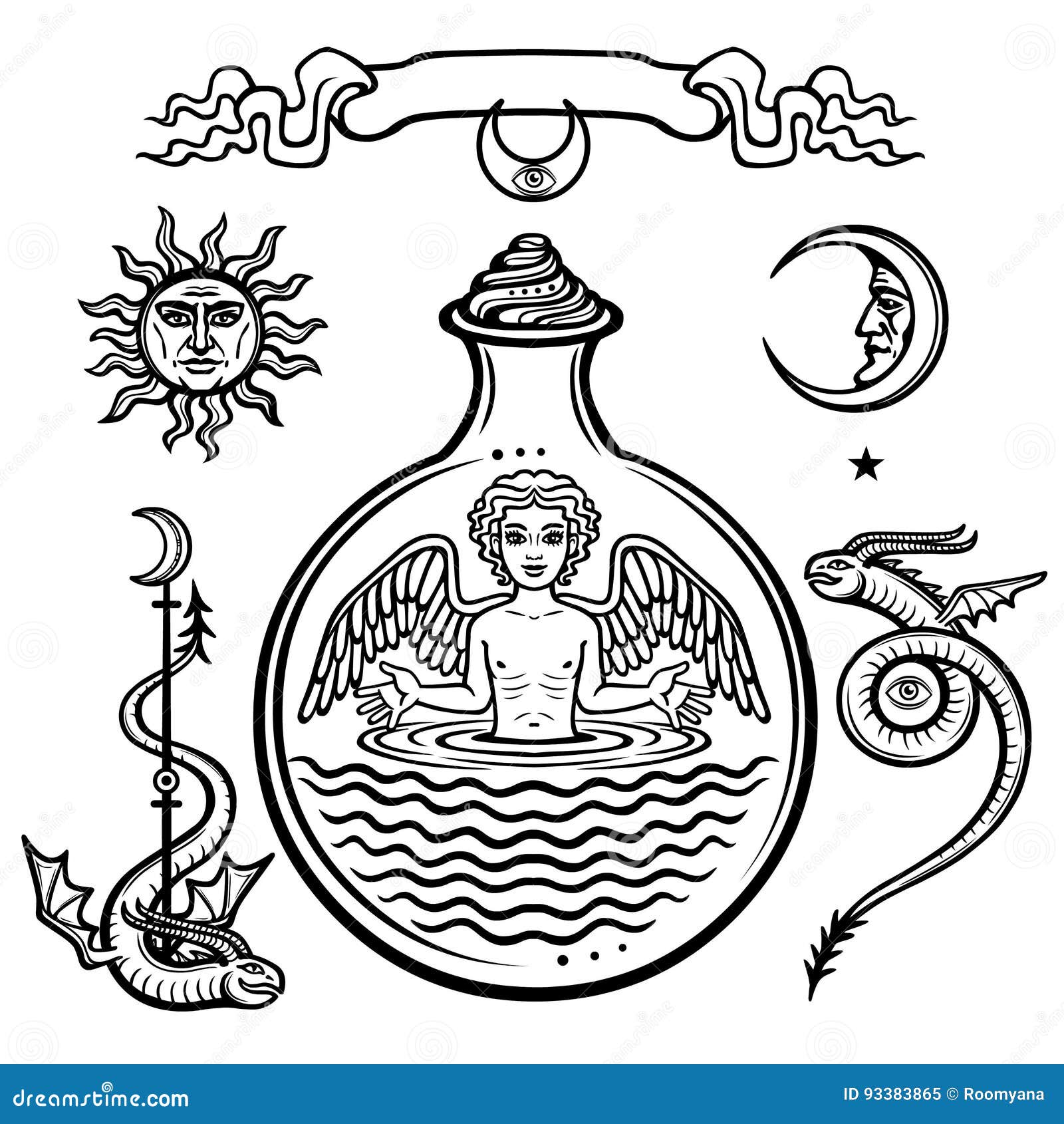 set of alchemical s. child in a test tube, the homunculus, chemical reaction. angel. life origin.