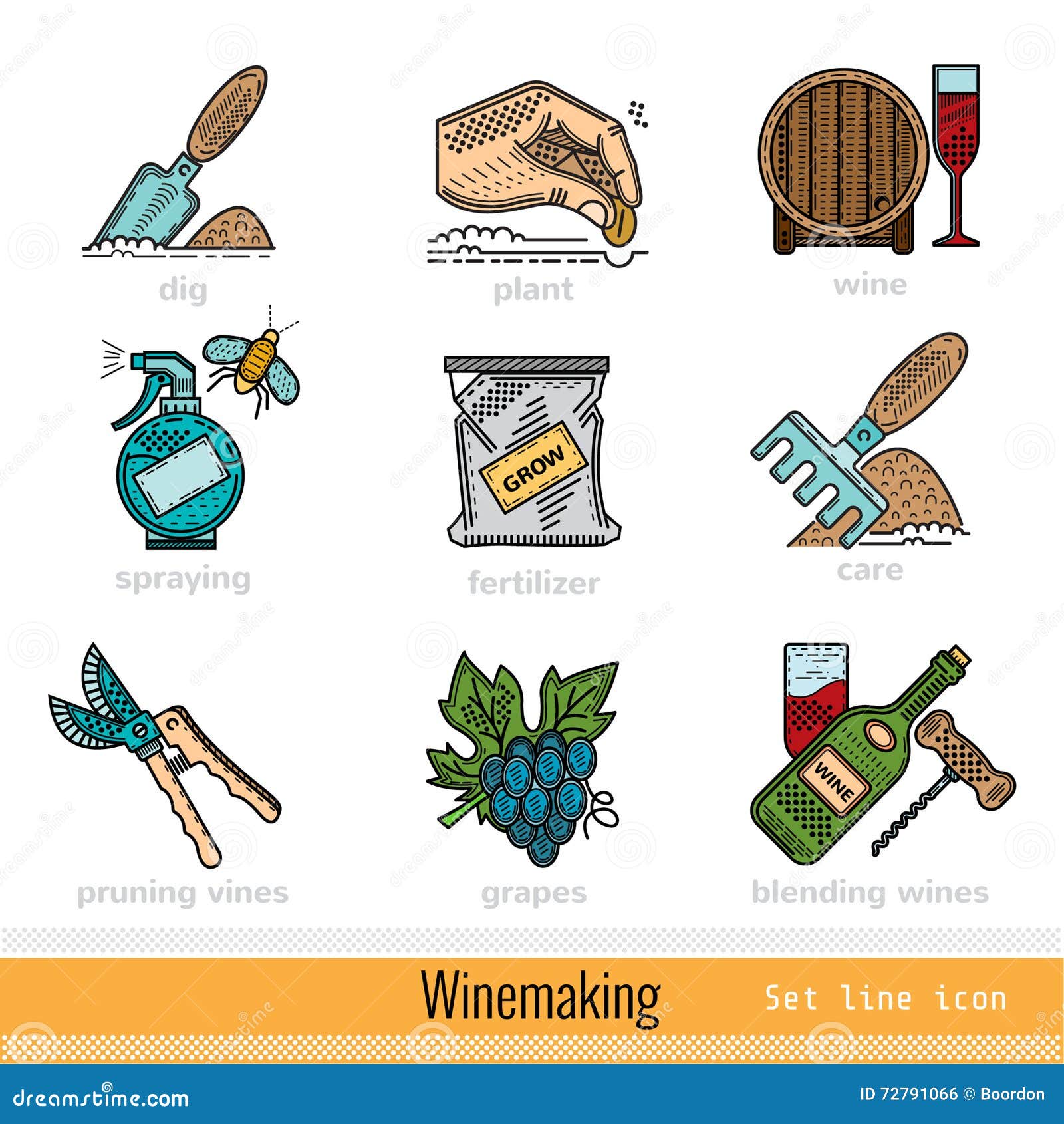 Set of All Steps of Wine Making Outline Color  Icons Stock Vector