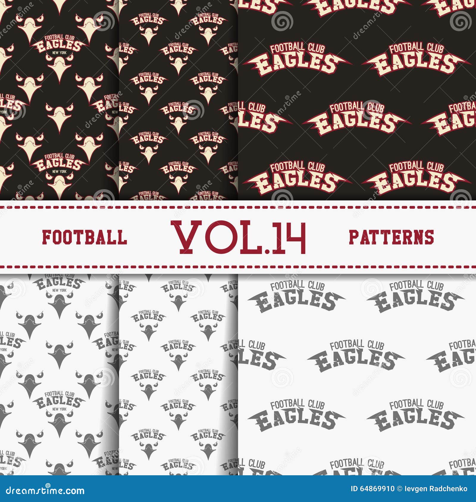Set of american football patterns. Usa sports seamless background collection. Sport wallpaper with eagle in monochrome and color design. Vector soccer equipment graphic. Sketch, hand drawn style