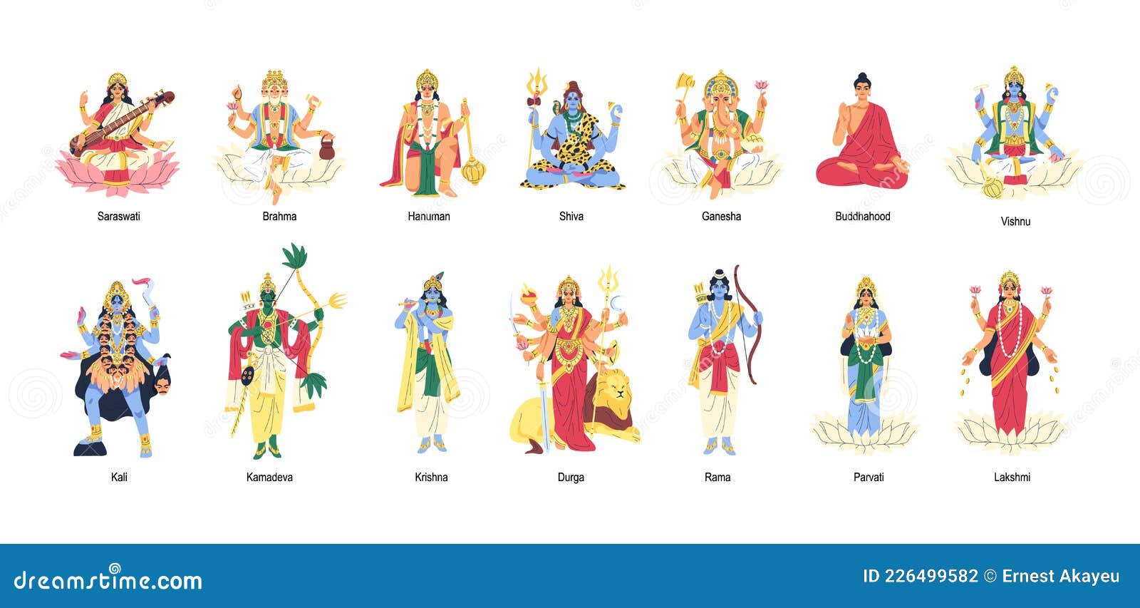 set of ancient indian hindu gods and goddesses. different idols of hinduism. deities and lords in india. holy