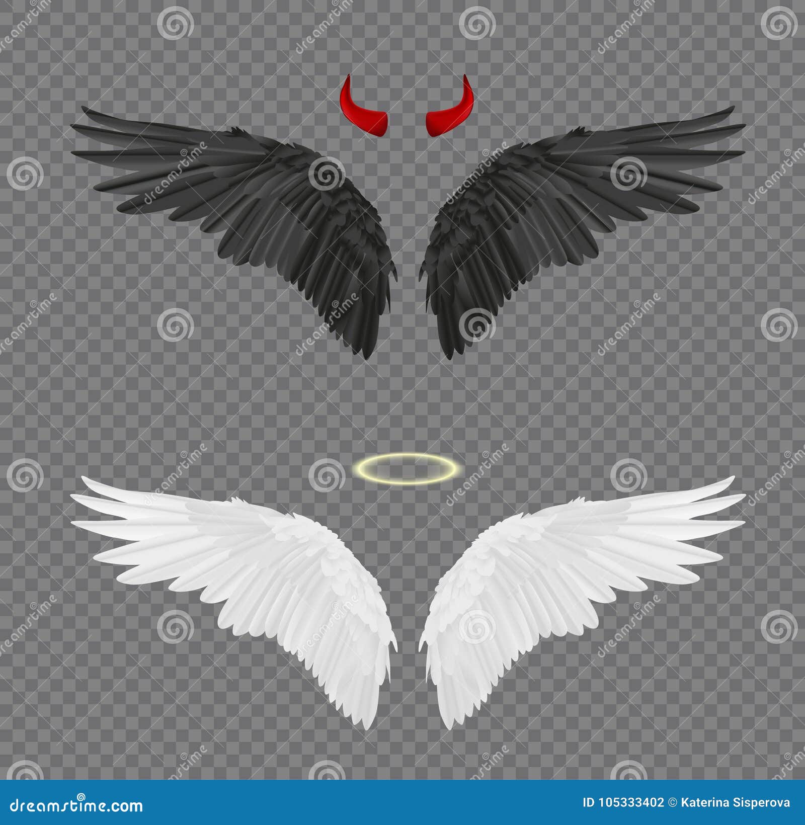 set of angel and devil realistic wings, horns and halo 