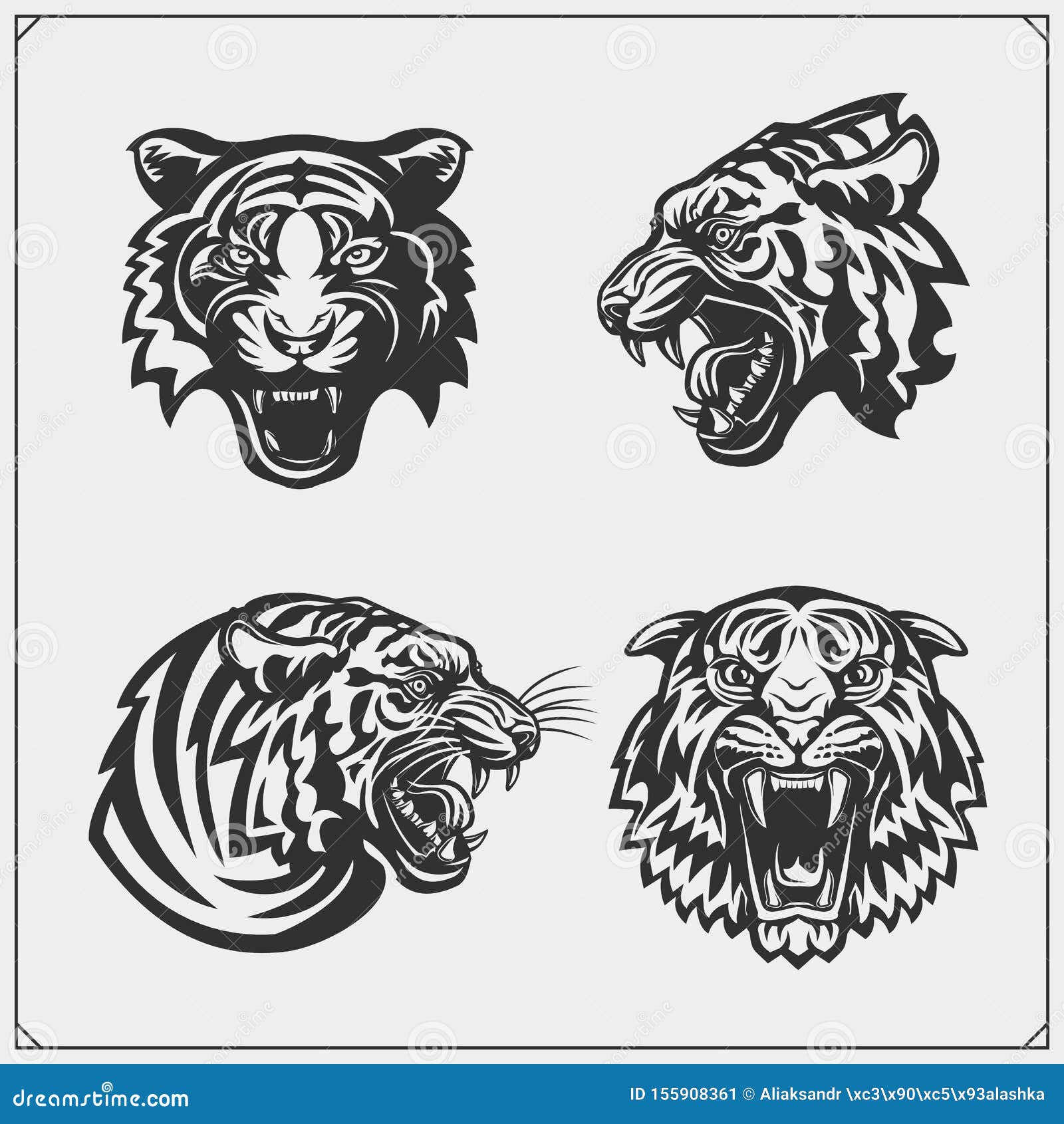 Set of Angry Tiger Heads. Print Design for T-shirt. Tattoo and Sport Club Design Stock Vector - Illustration of design, club: 155908361