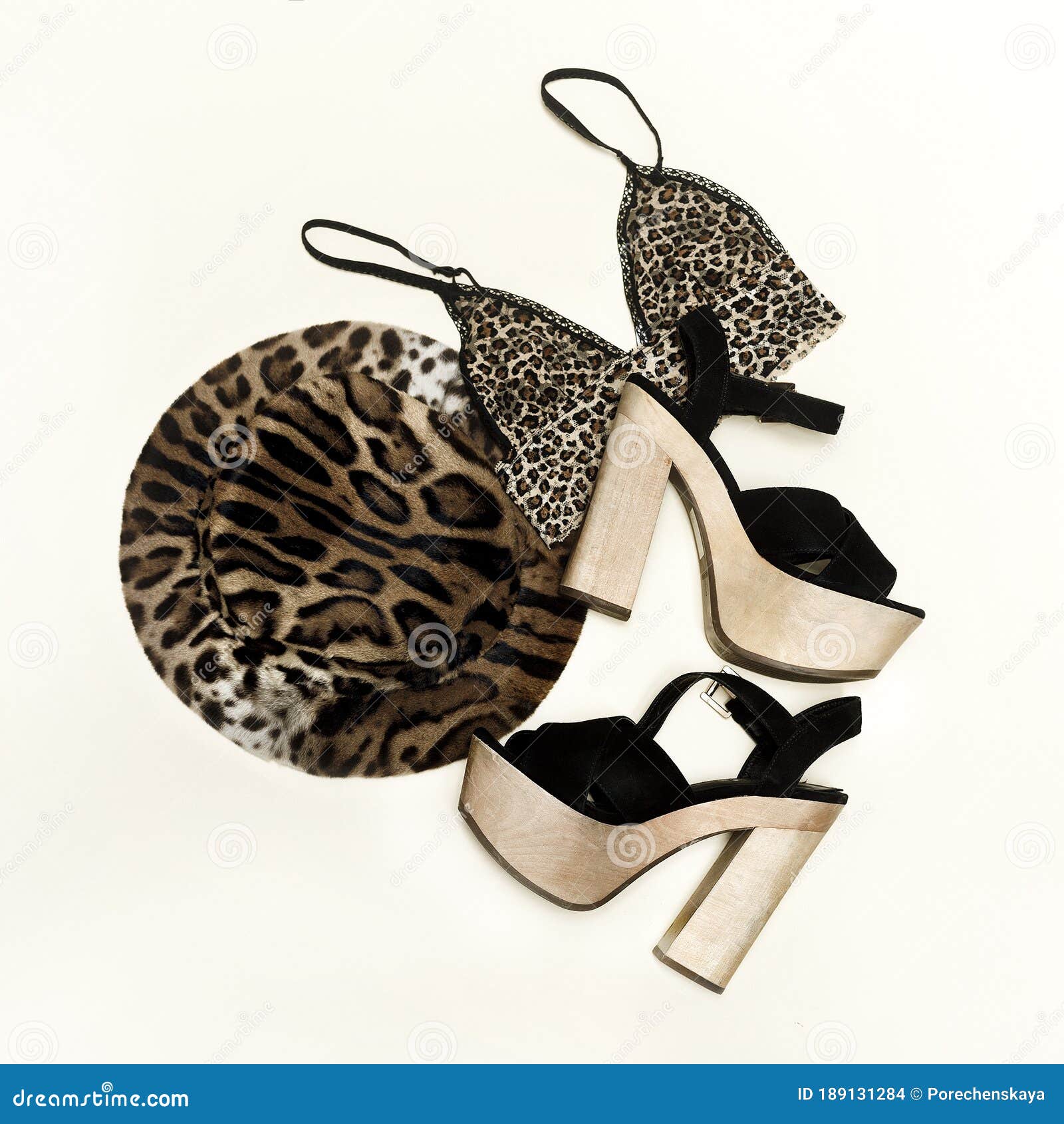 Set Animal Print. Fashionable Leopard Bra and Hat. Focus on the Details.  Stylish Shoes Heel. Romantic Look Stock Photo - Image of background,  underwear: 189131284