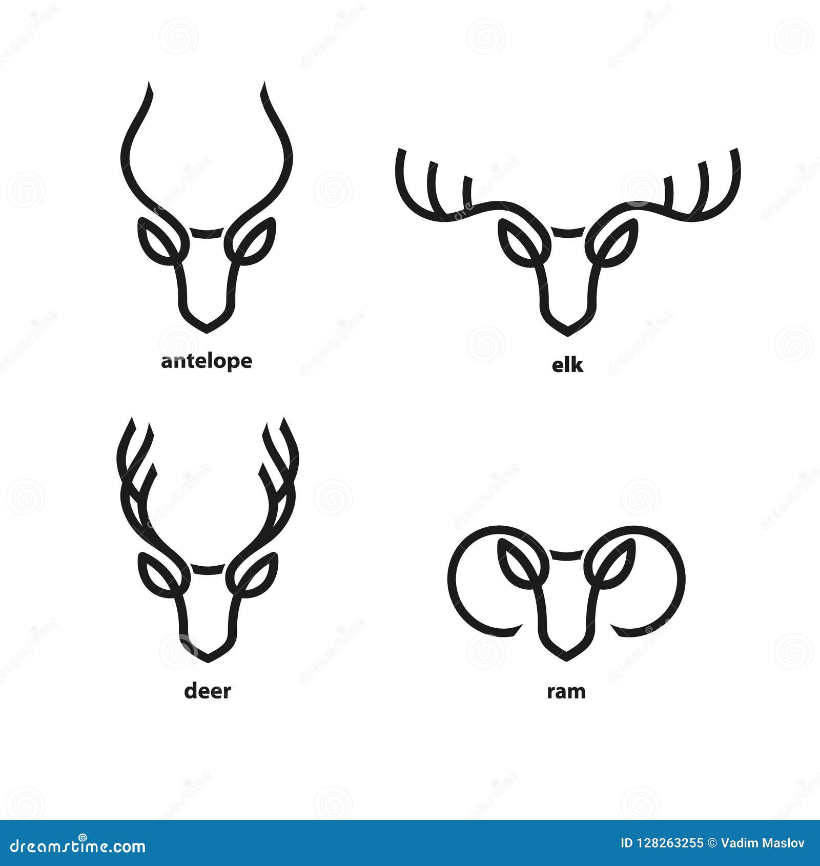 Set of Animals with Horns. Line Icons Collection. Antelope Head, Elk Head,  Deer Head and Ram Head Stock Vector - Illustration of desert, horned:  128263255
