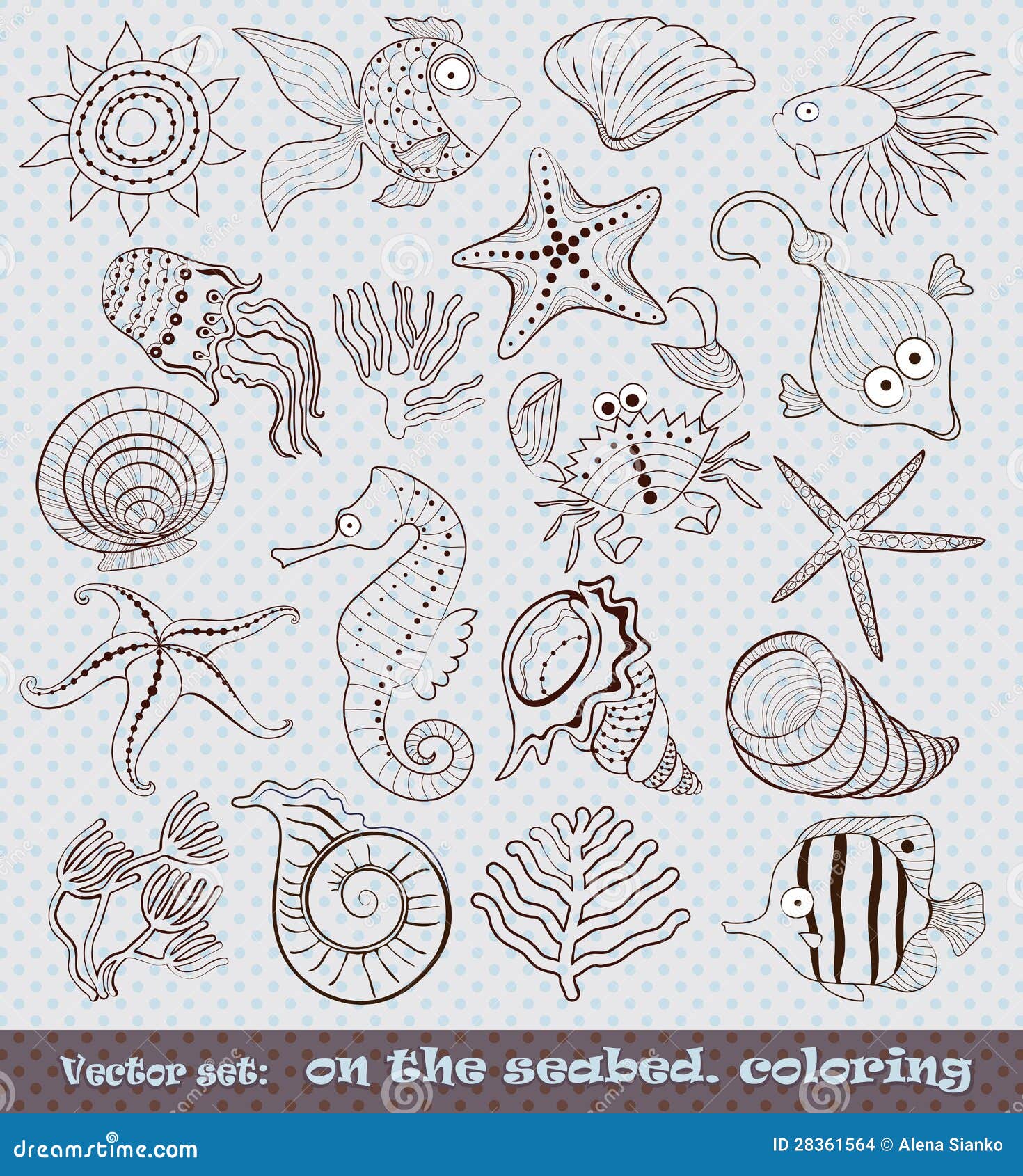 A set of animated inhabitants of the sea floor. outline drawing