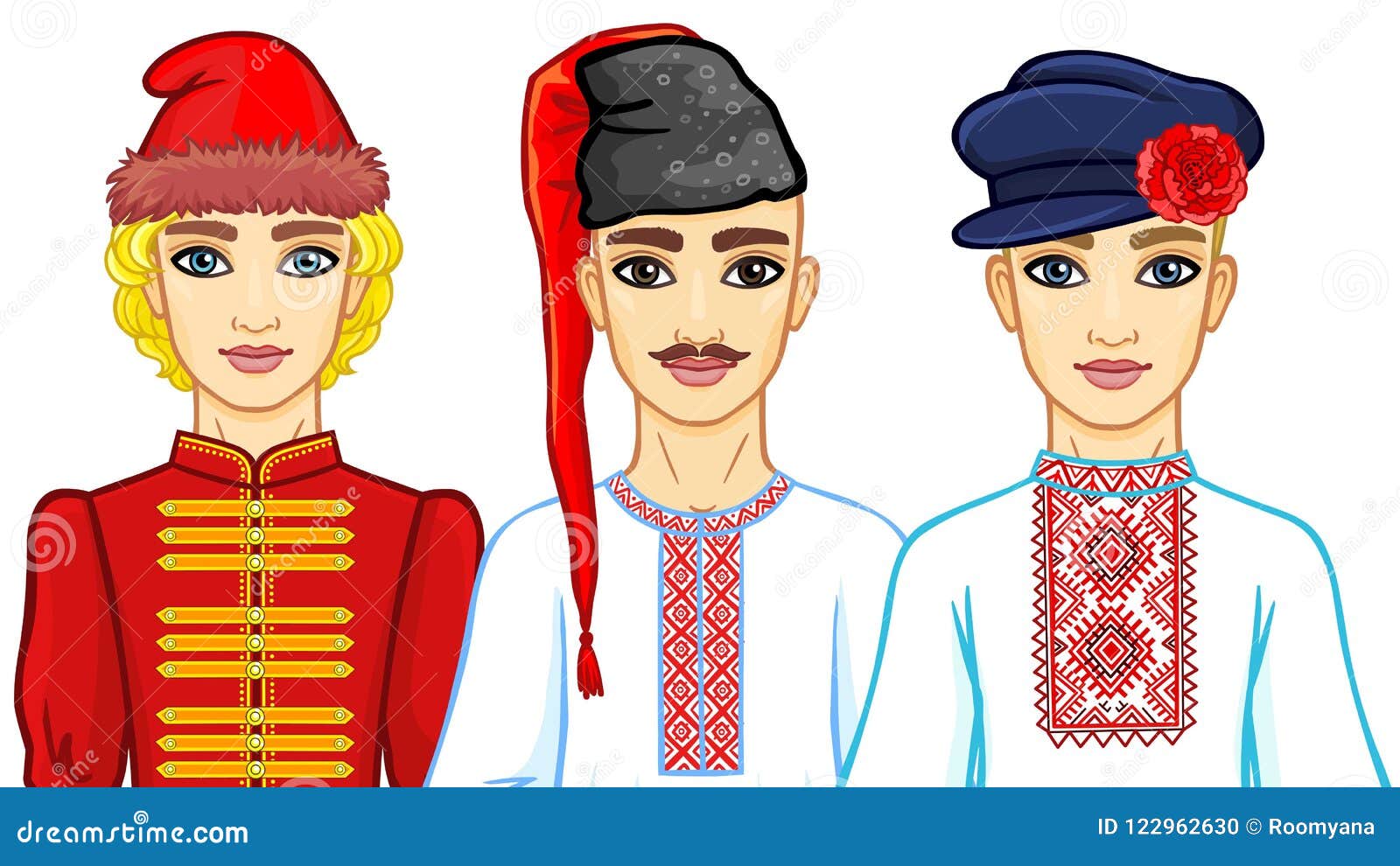 set of animation portraits of slavic men in traditional clothes. belarus, ukraine, russia.