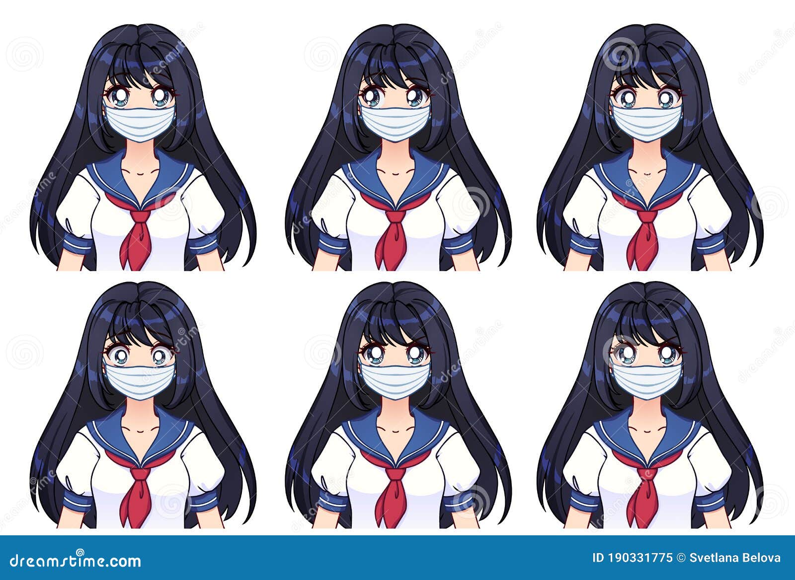 Set Of Anime Expressions Cute Girl With Long Black Hair Wearing Medical Mask Stock Vector Illustration Of Character Aesthetic