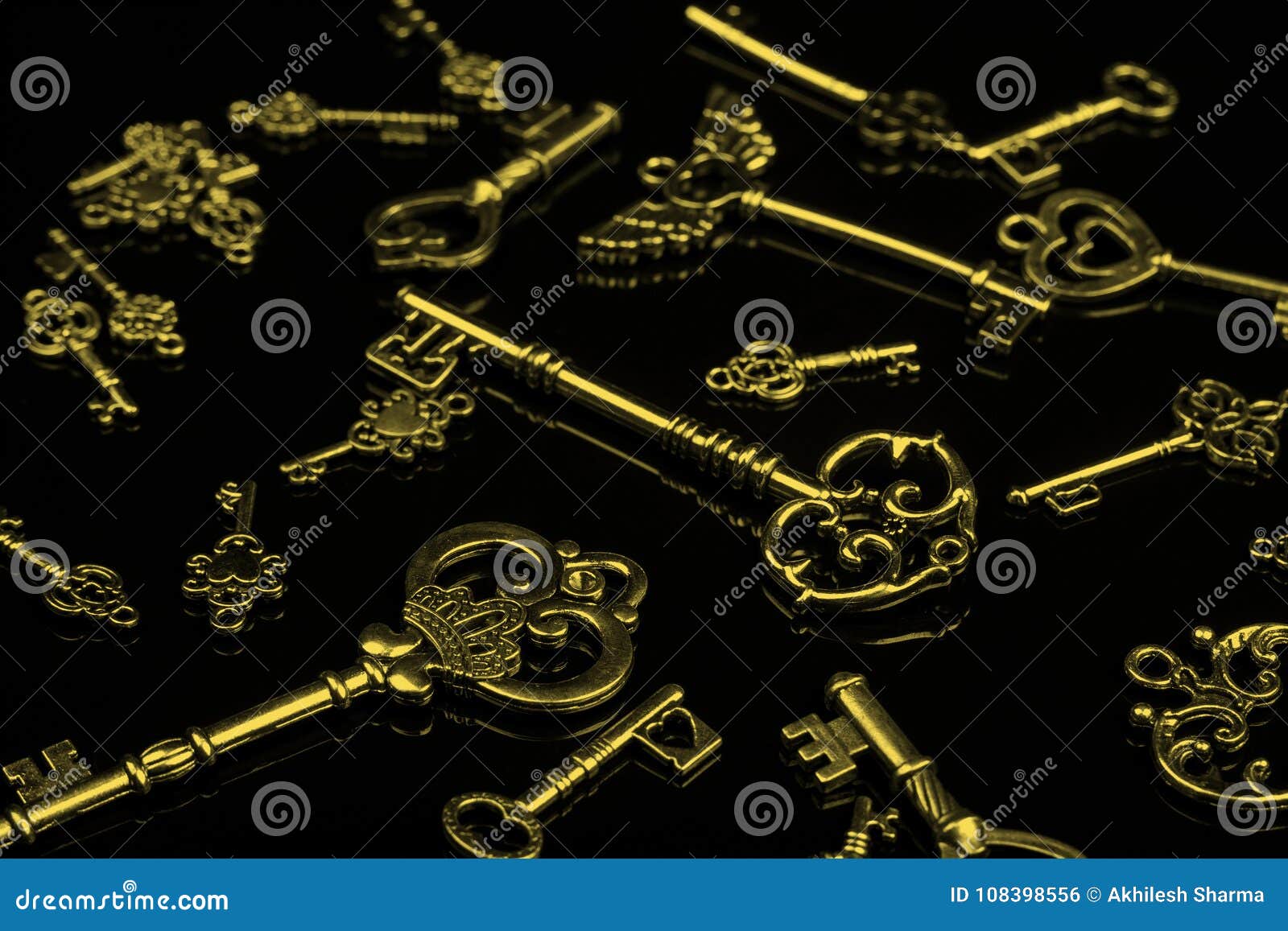 Set of Antique Golden Keys on Black Background Stock Photo Image of