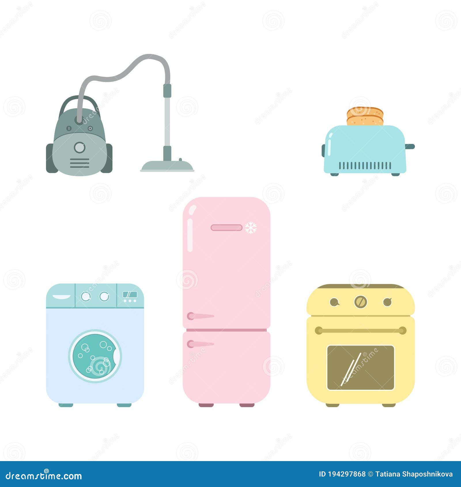 Set of Appliances in Cartoon Style on White Background Stock Vector