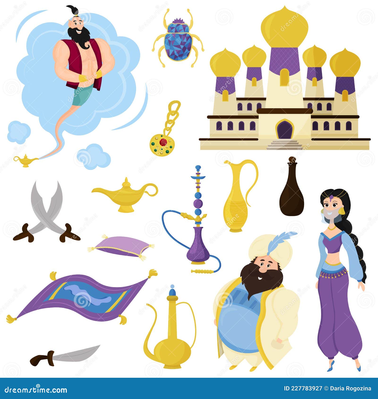 Set of Arabic Portraits and Cartoon-style Characters. Sultan, Genie,  Vessel, Magic Lamp, Carpet, Palace Stock Vector - Illustration of bazaar,  arabia: 227783927