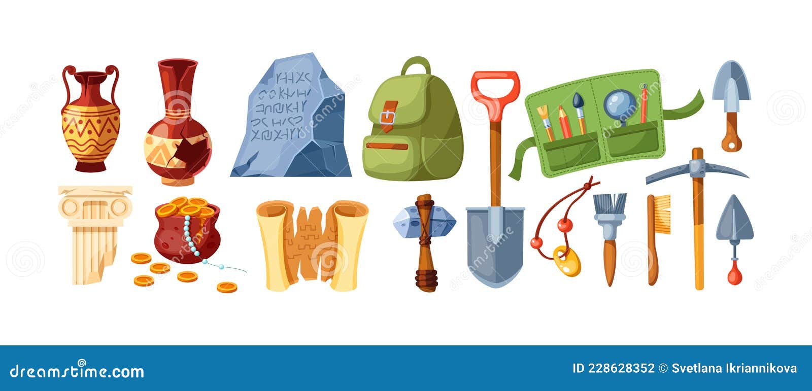 Set of Archeology Equipment and Artifacts Ancient. Digging Tools